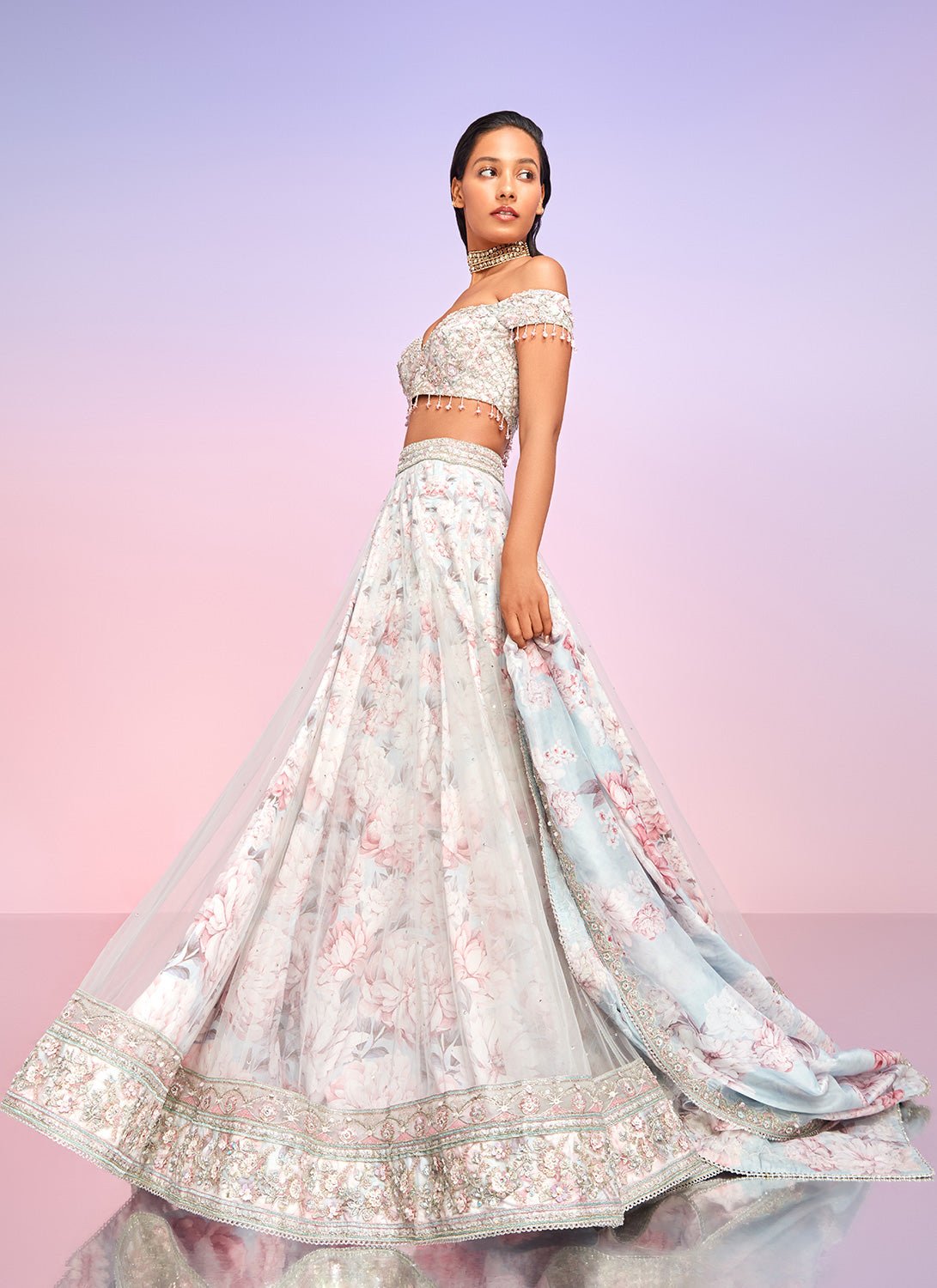Dusty Blue and Pink Floral Embellished Lehenga - Lashkaraa