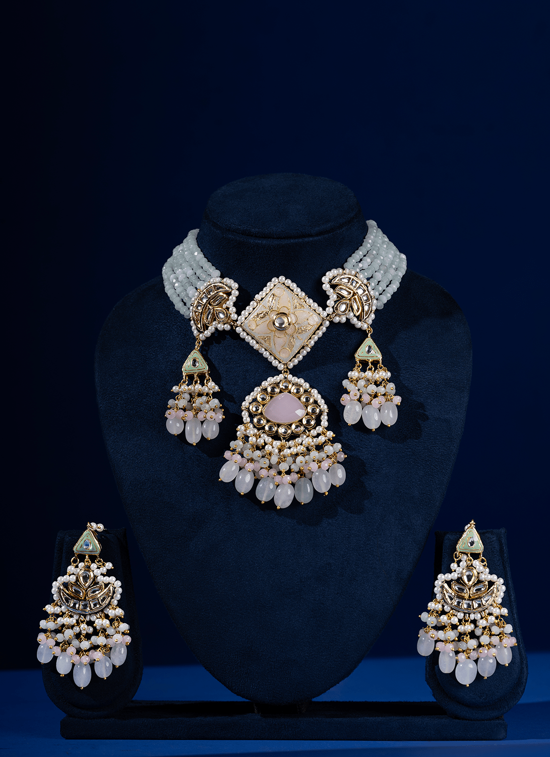 Dusty Blue and Pink Kundan Choker Set - Lashkaraa