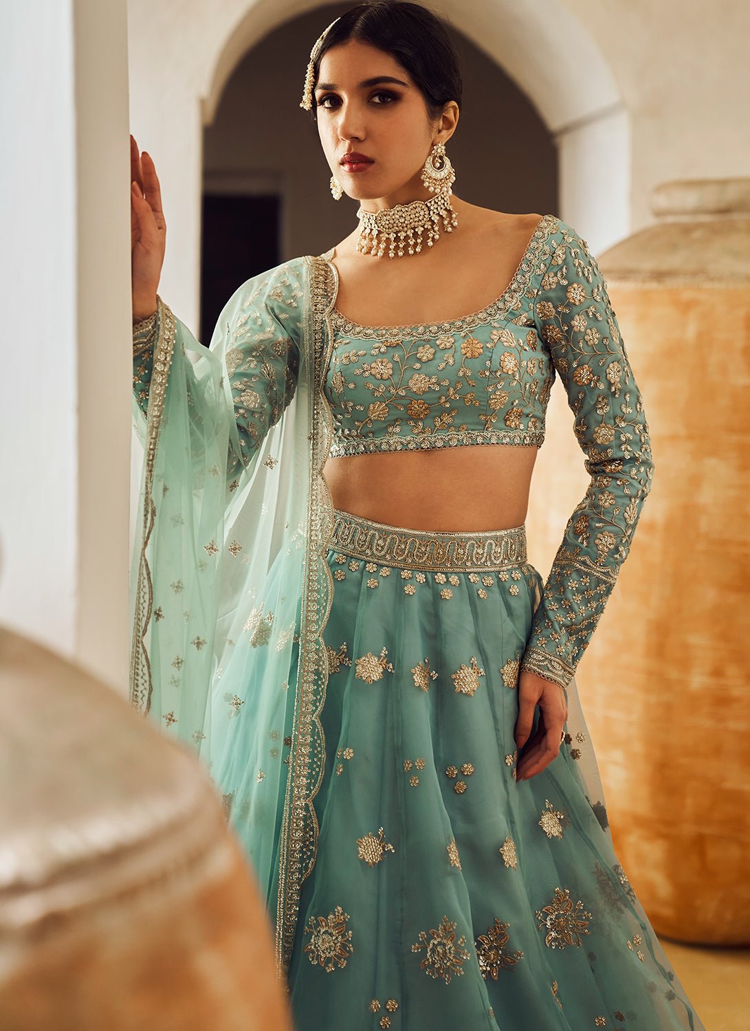 Dusty Blue Embroidered Lehenga - Lashkaraa