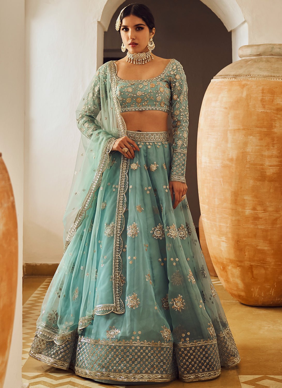 Dusty Blue Embroidered Lehenga - Lashkaraa