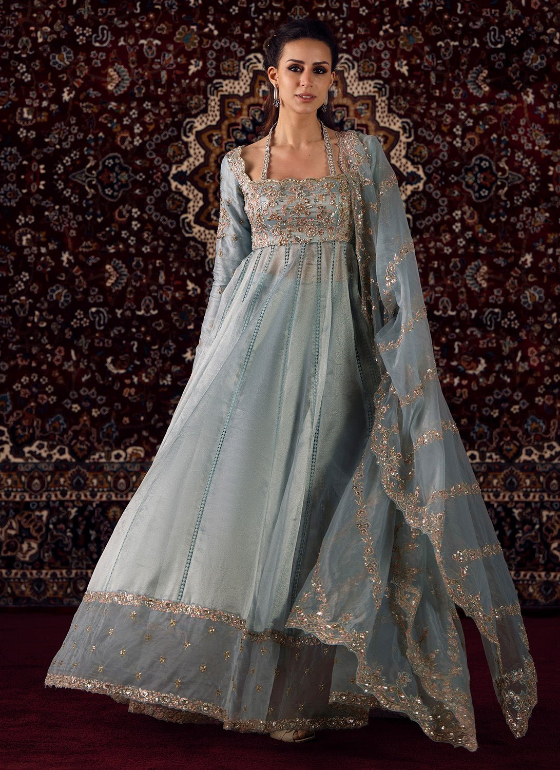 Dusty Blue Embroidered Organza Anarkali XS