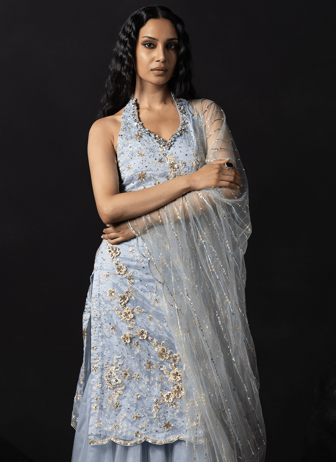 Dusty Blue Embroidered Organza Sharara - Lashkaraa