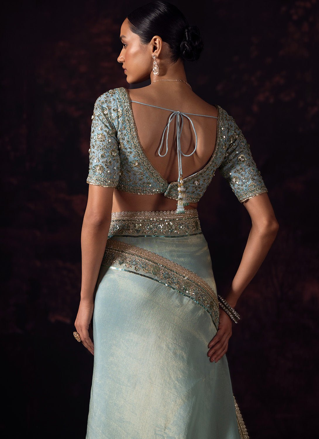 Dusty Blue Embroidered Tissue Saree - Lashkaraa