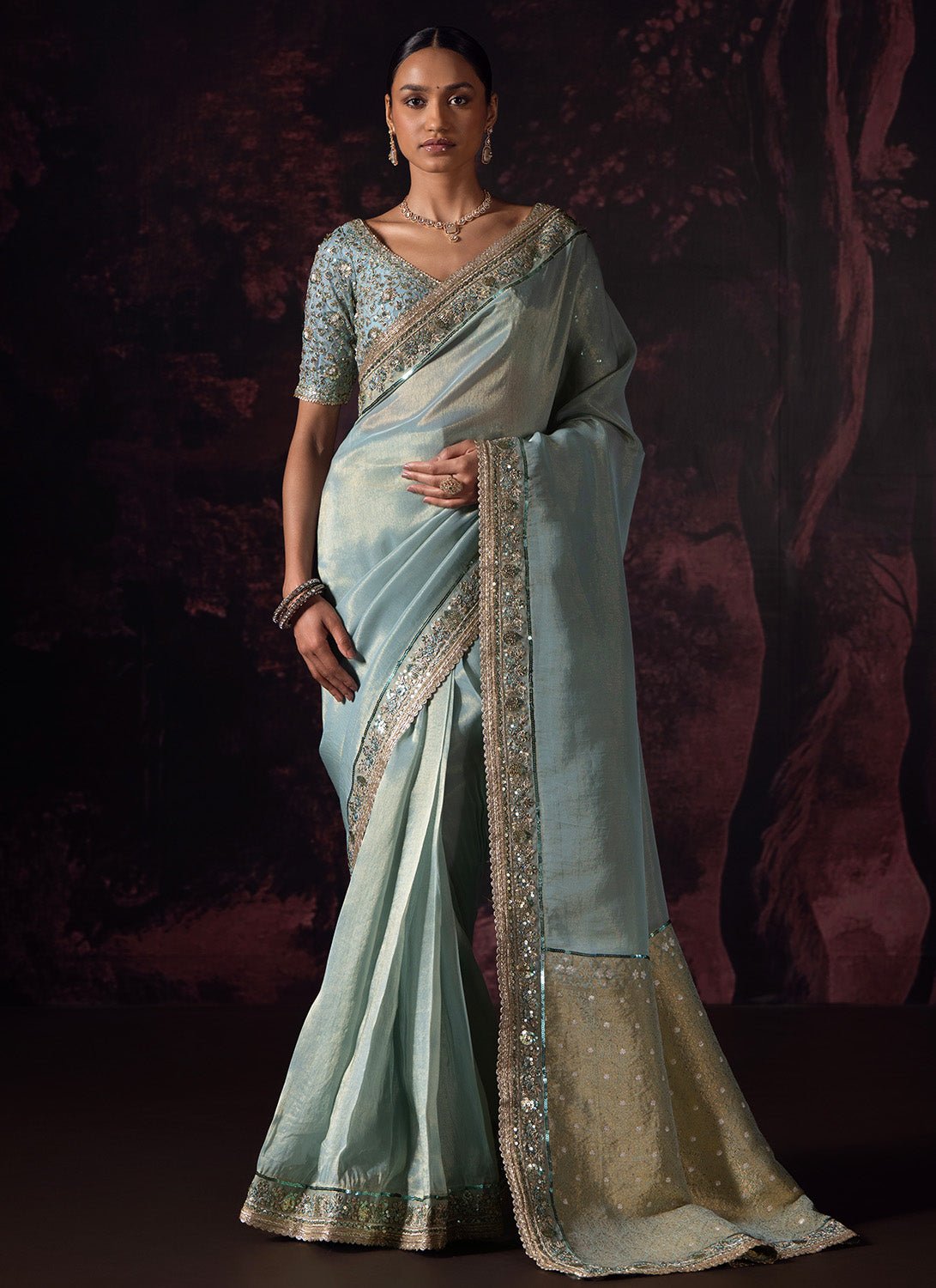 Dusty Blue Embroidered Tissue Saree - Lashkaraa