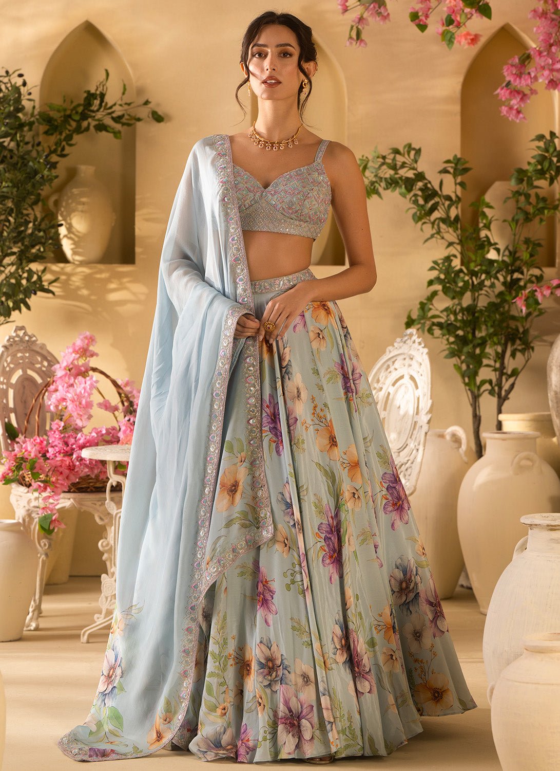 Dusty Blue Floral Embroidered Satin Georgette Lehenga - Lashkaraa