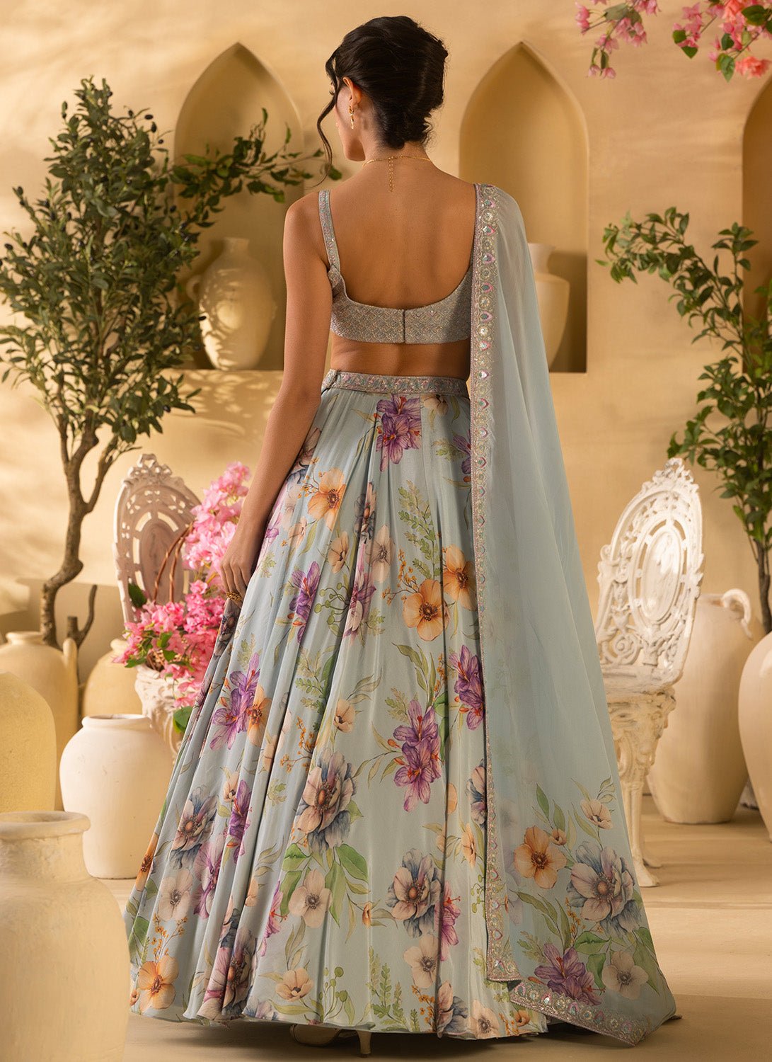 Dusty Blue Floral Embroidered Satin Georgette Lehenga - Lashkaraa