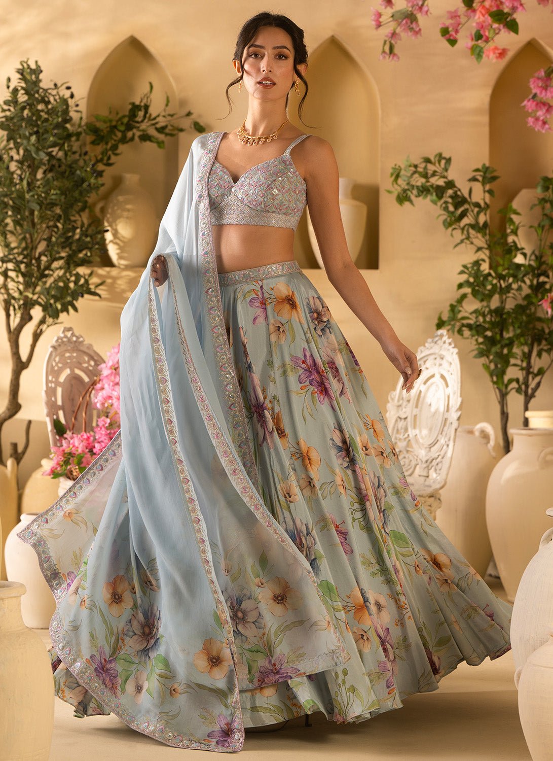 Dusty Blue Floral Embroidered Satin Georgette Lehenga - Lashkaraa