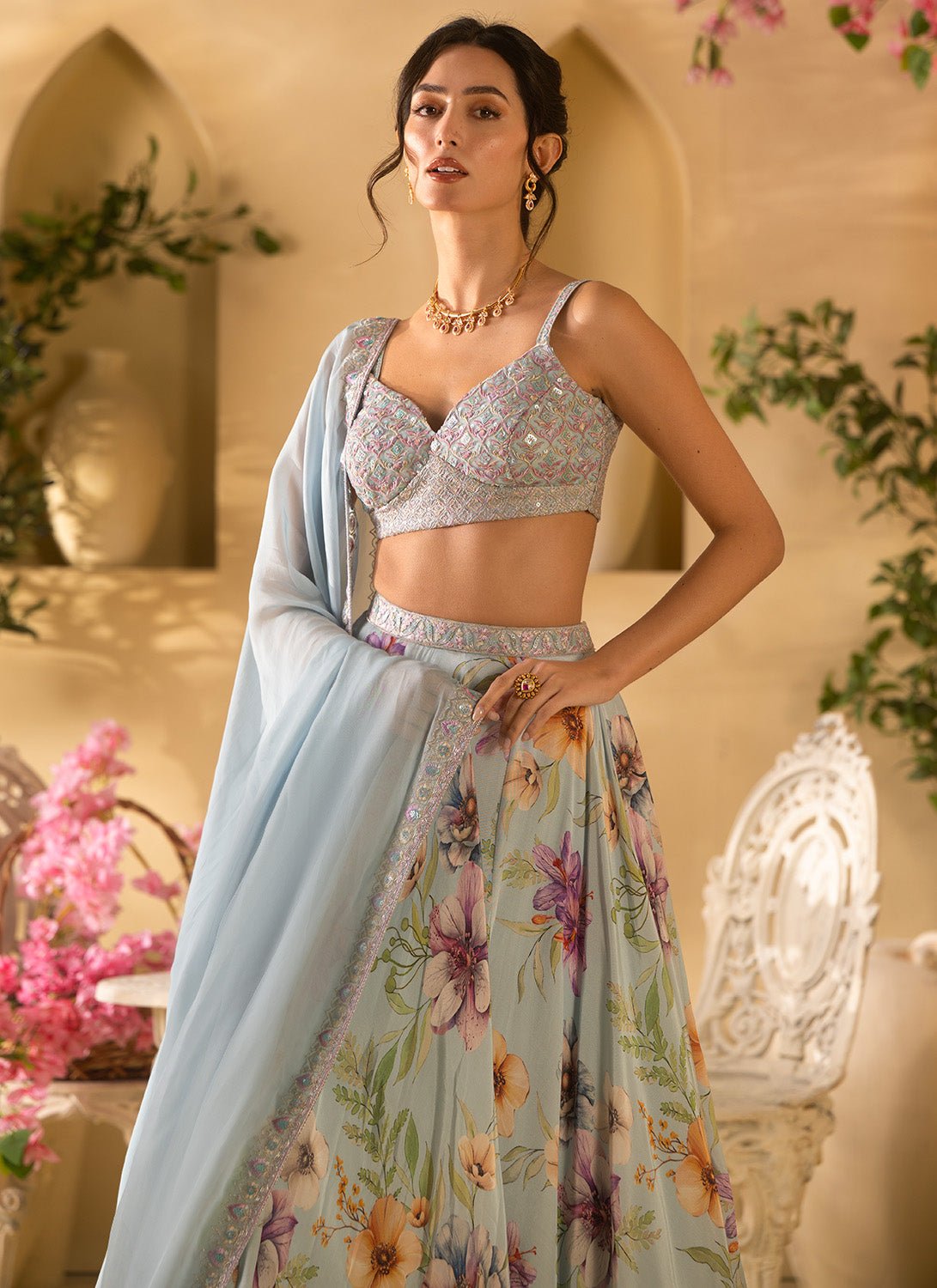 Dusty Blue Floral Embroidered Satin Georgette Lehenga - Lashkaraa
