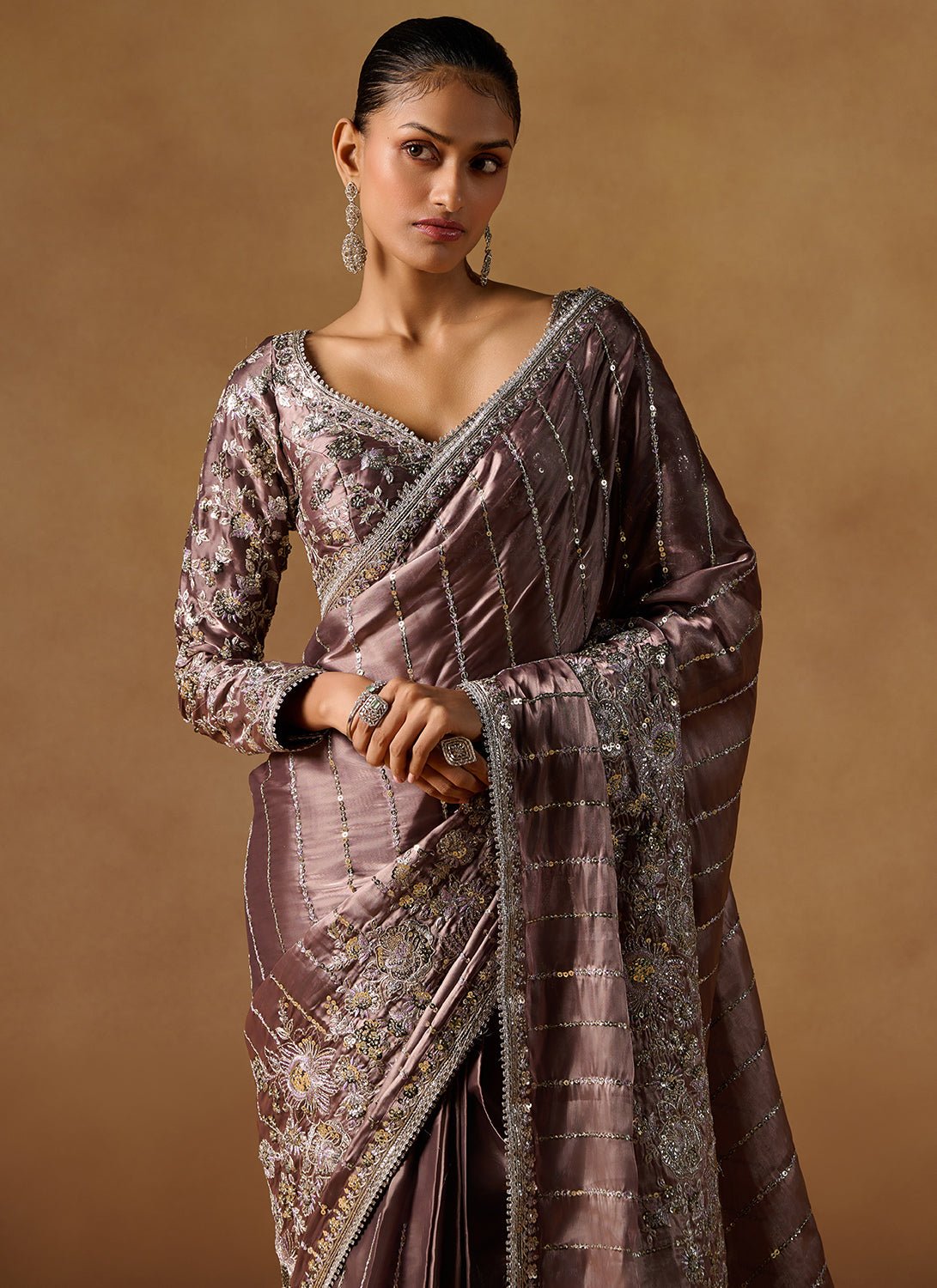 Dusty Brown Embroidered Tissue Saree - Lashkaraa