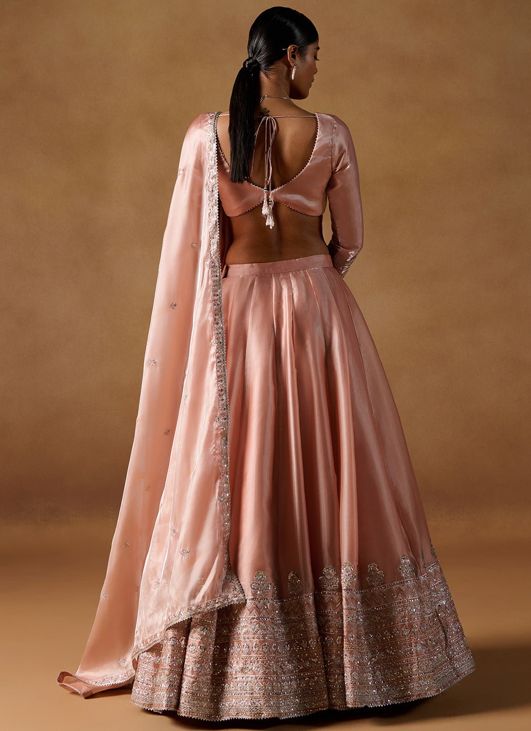 Dusty Coral Embroidered Tissue Lehenga - Lashkaraa