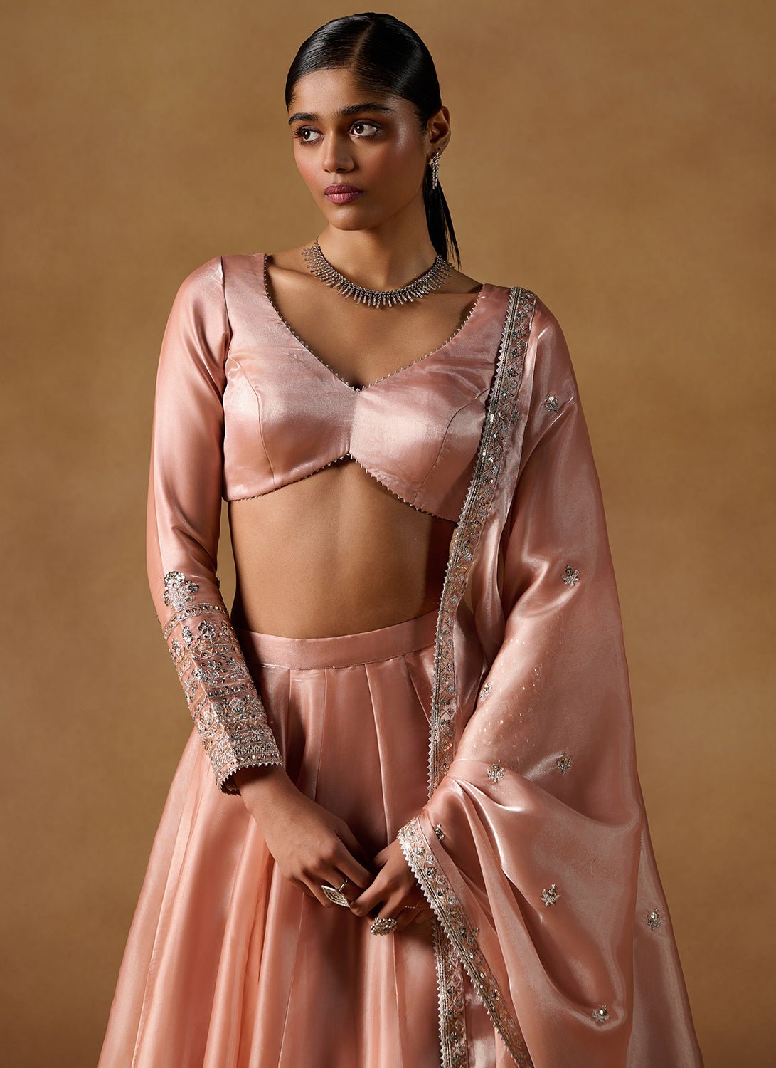 Dusty Coral Embroidered Tissue Lehenga - Lashkaraa