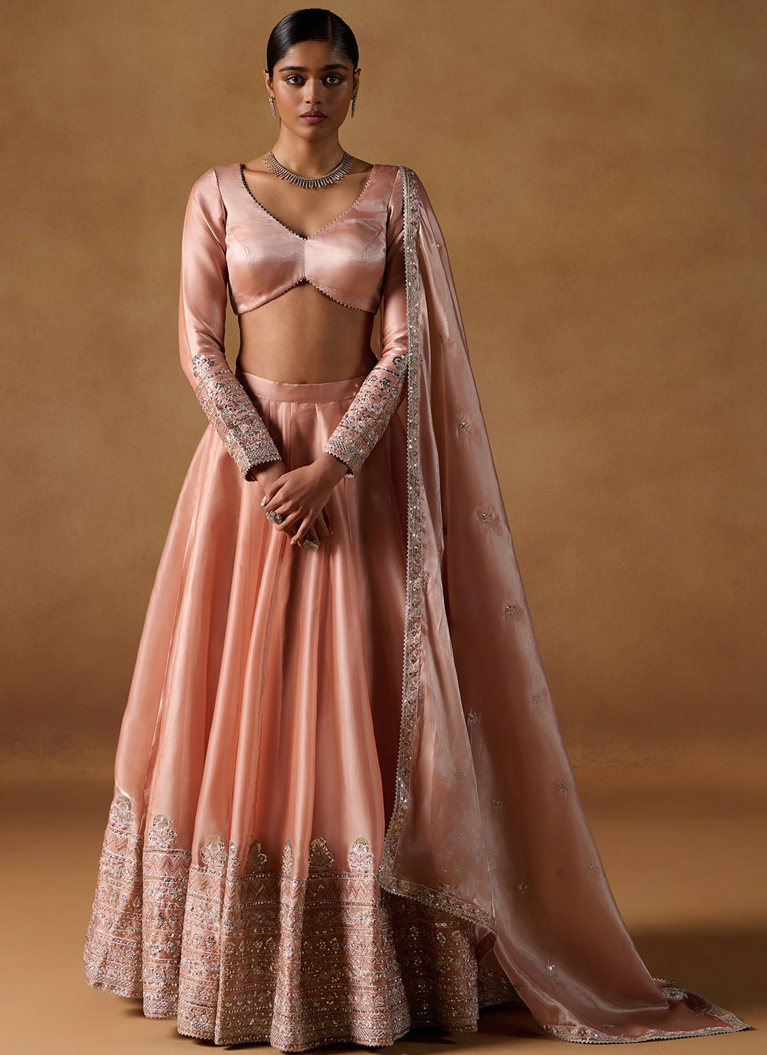 Dusty Coral Embroidered Tissue Lehenga - Lashkaraa
