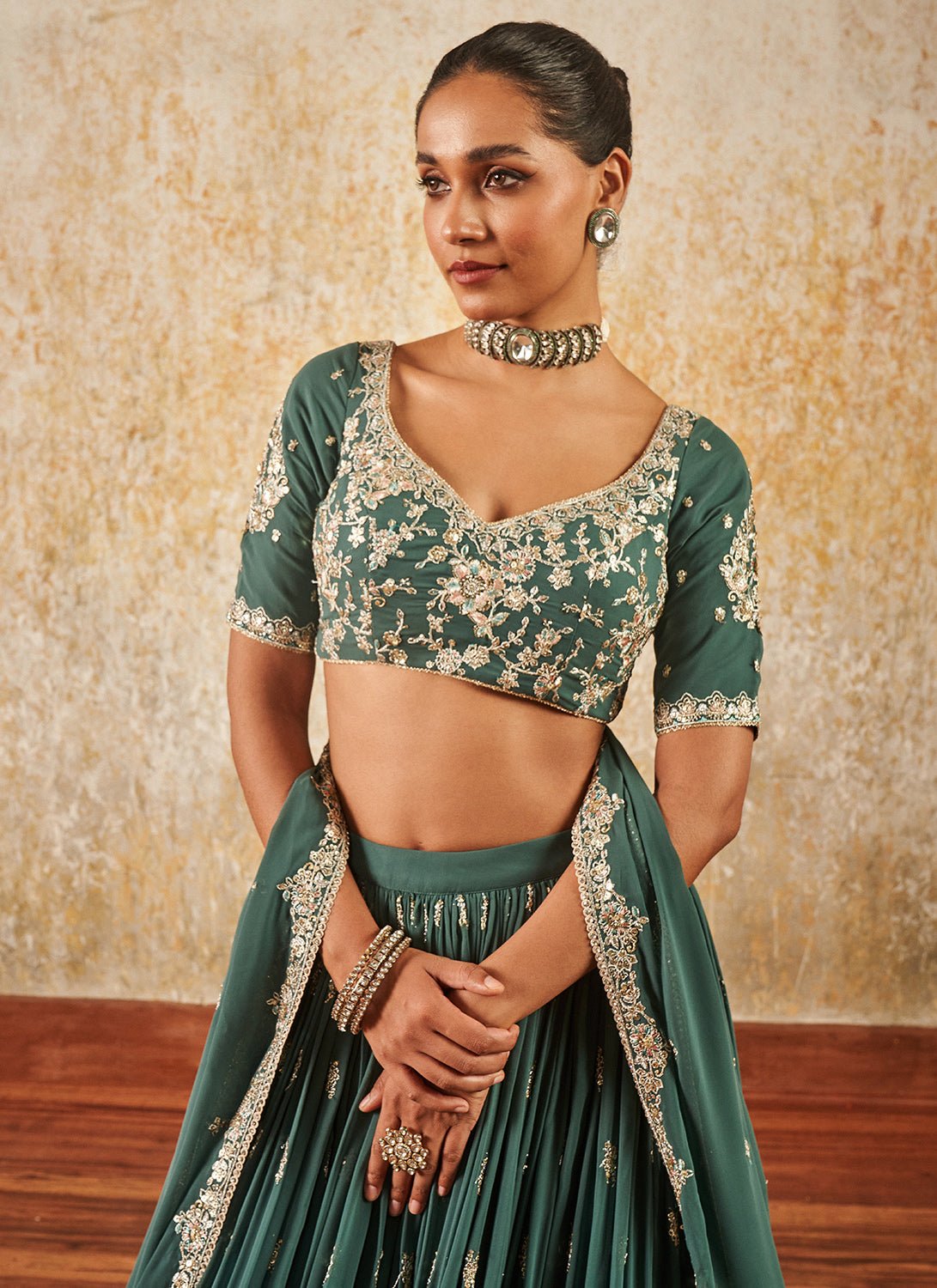 Dusty Green Embroidered Lehenga - Lashkaraa