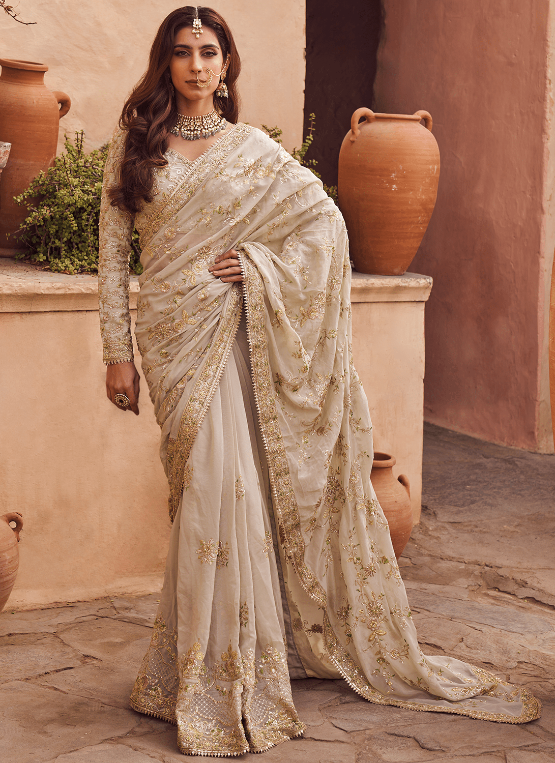Dusty Green Embroidered Saree - Lashkaraa