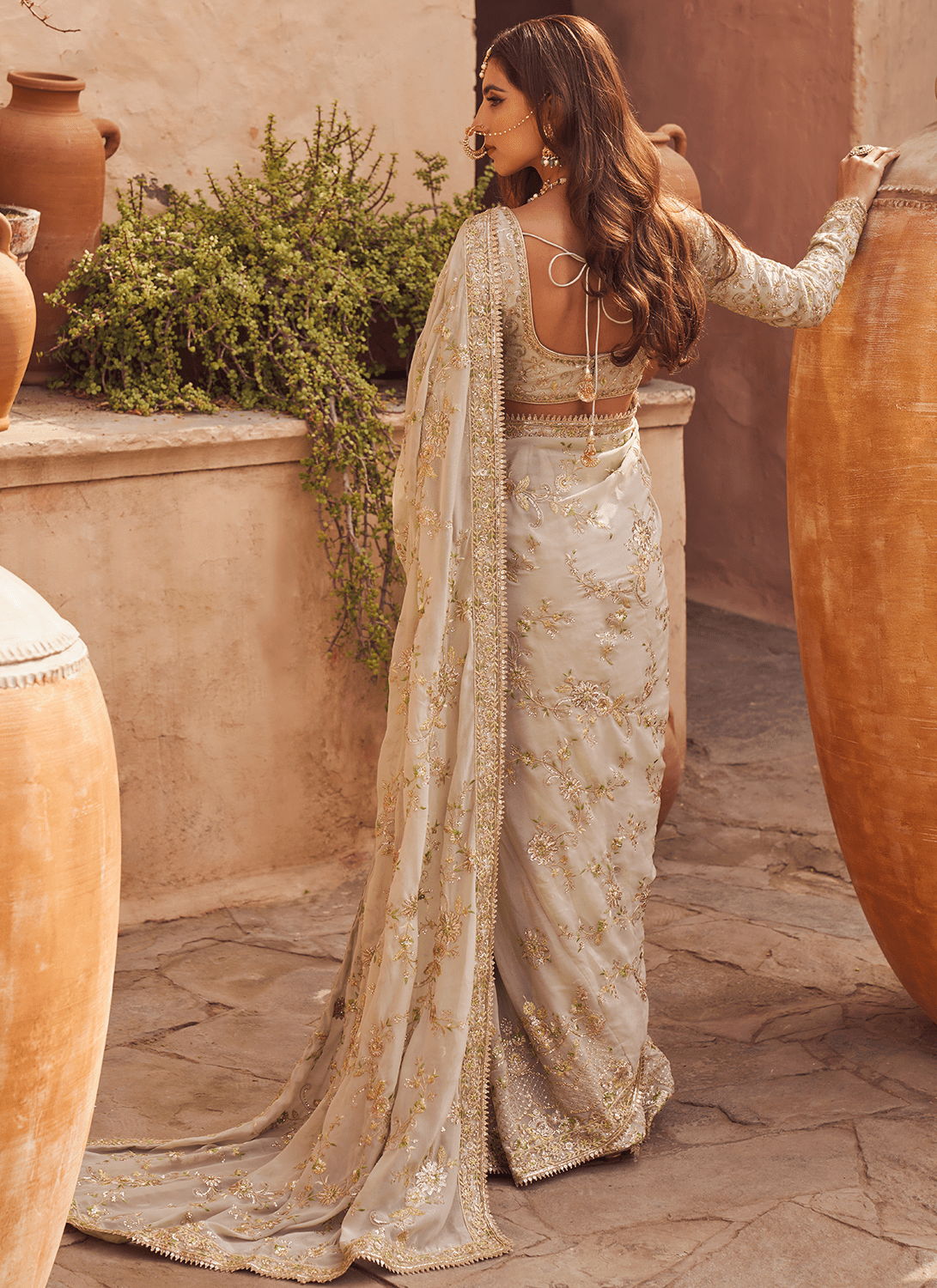 Dusty Green Embroidered Saree - Lashkaraa