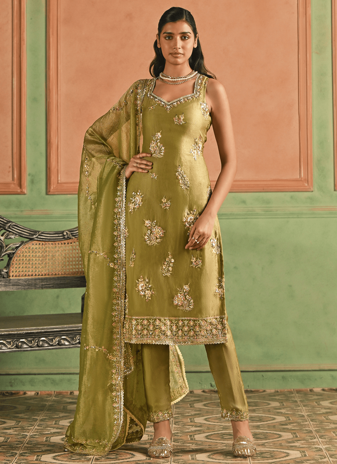 Dusty Green Embroidered Satin Straight Suit - Lashkaraa