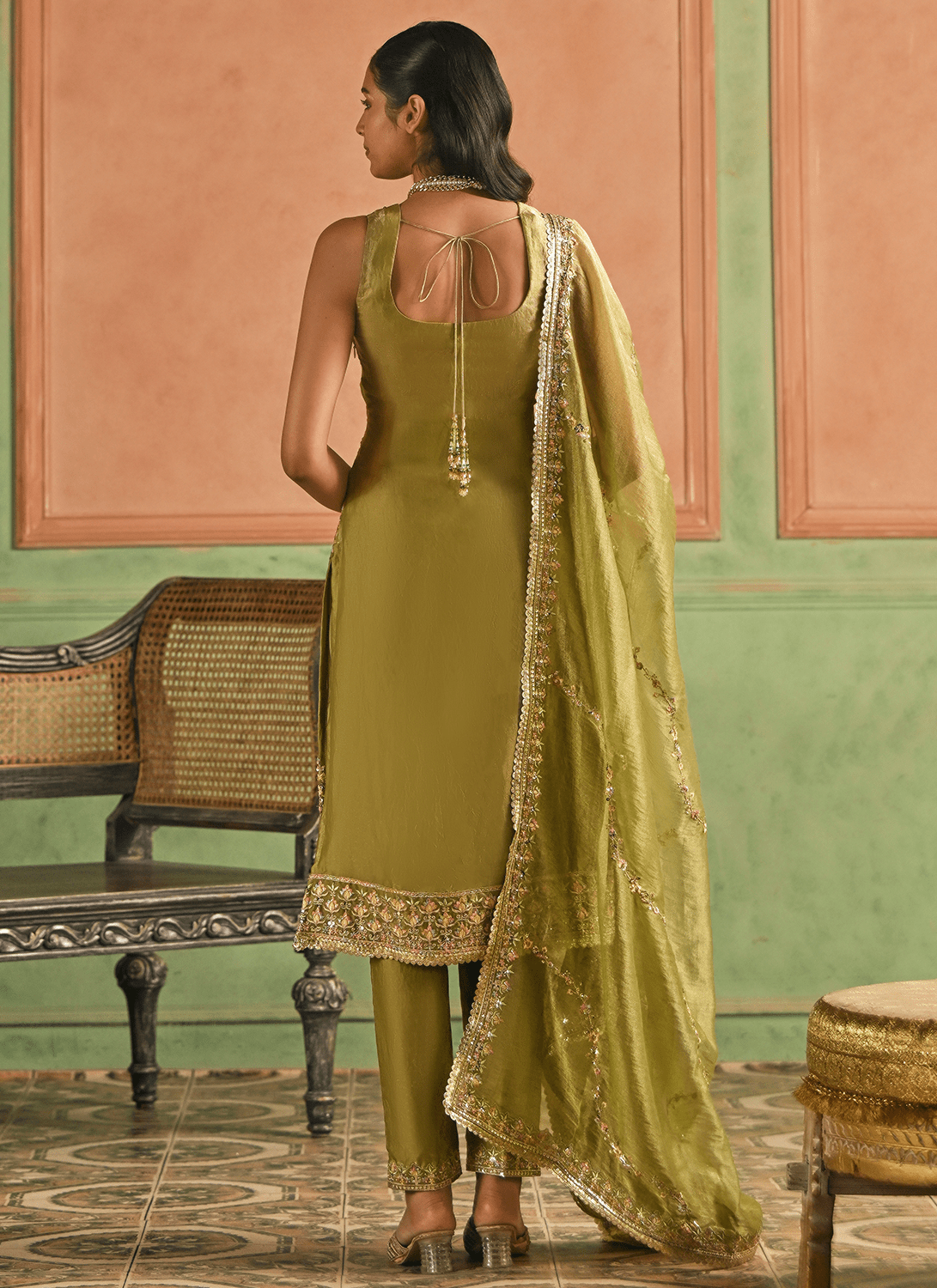 Dusty Green Embroidered Satin Straight Suit - Lashkaraa