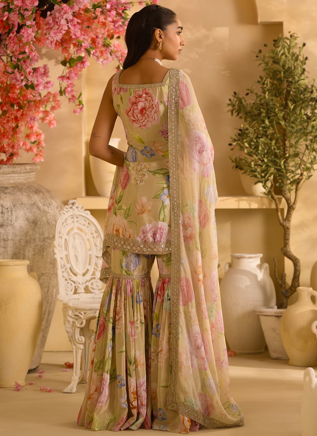 Dusty Green Floral Embroidered Crepe Silk Gharara Suit - Lashkaraa