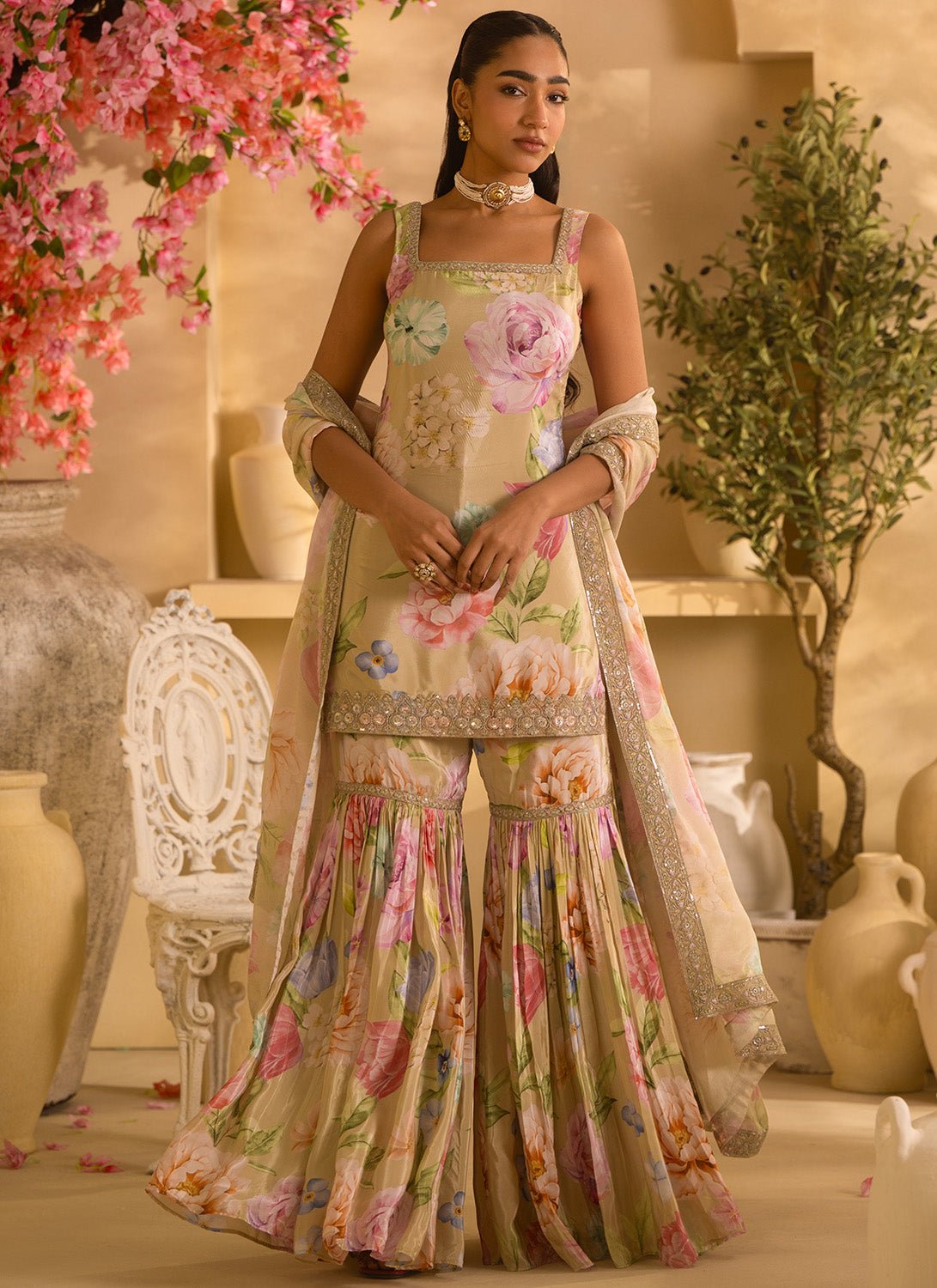 Dusty Green Floral Embroidered Crepe Silk Gharara Suit - Lashkaraa
