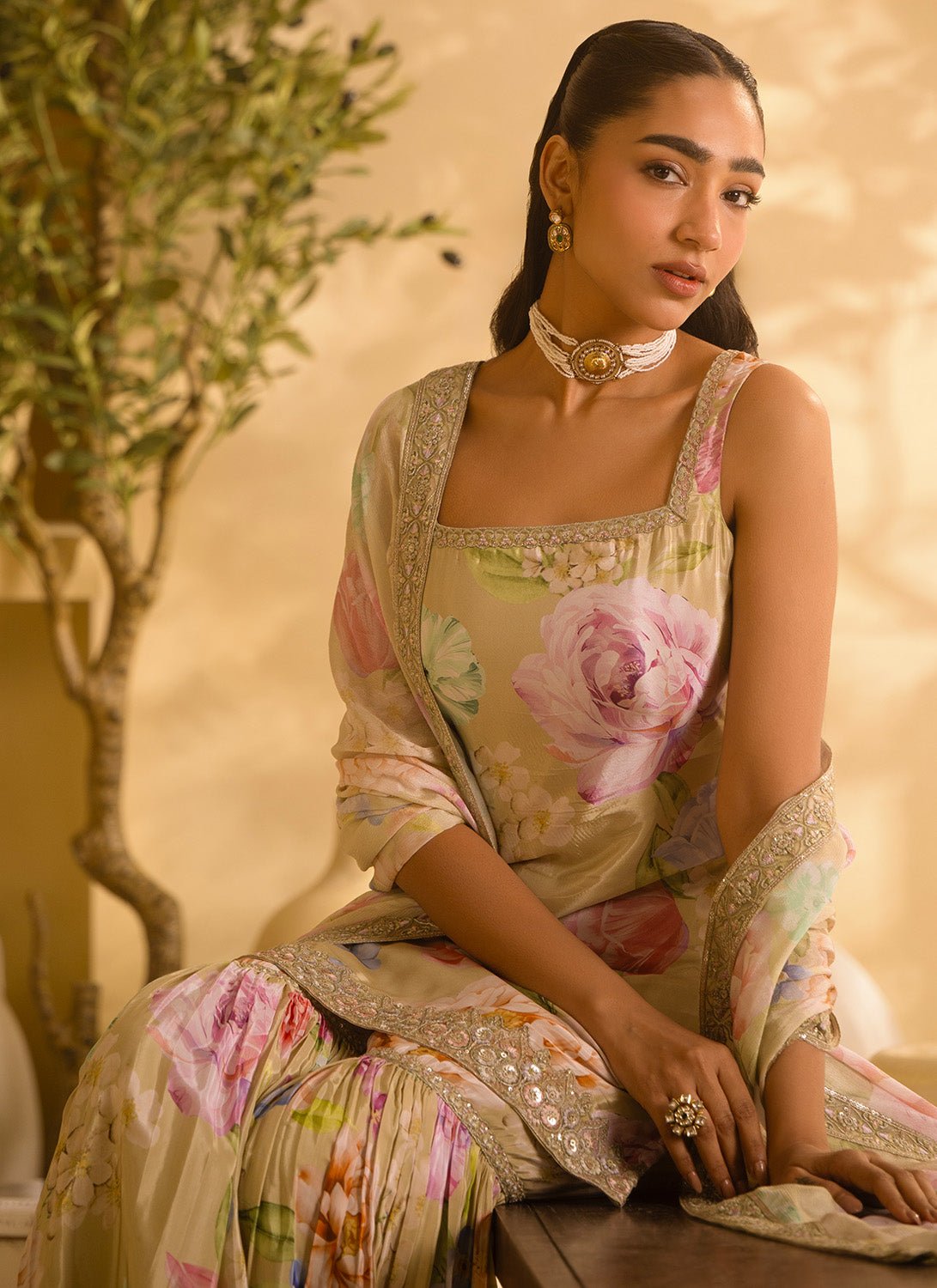 Dusty Green Floral Embroidered Crepe Silk Gharara Suit - Lashkaraa