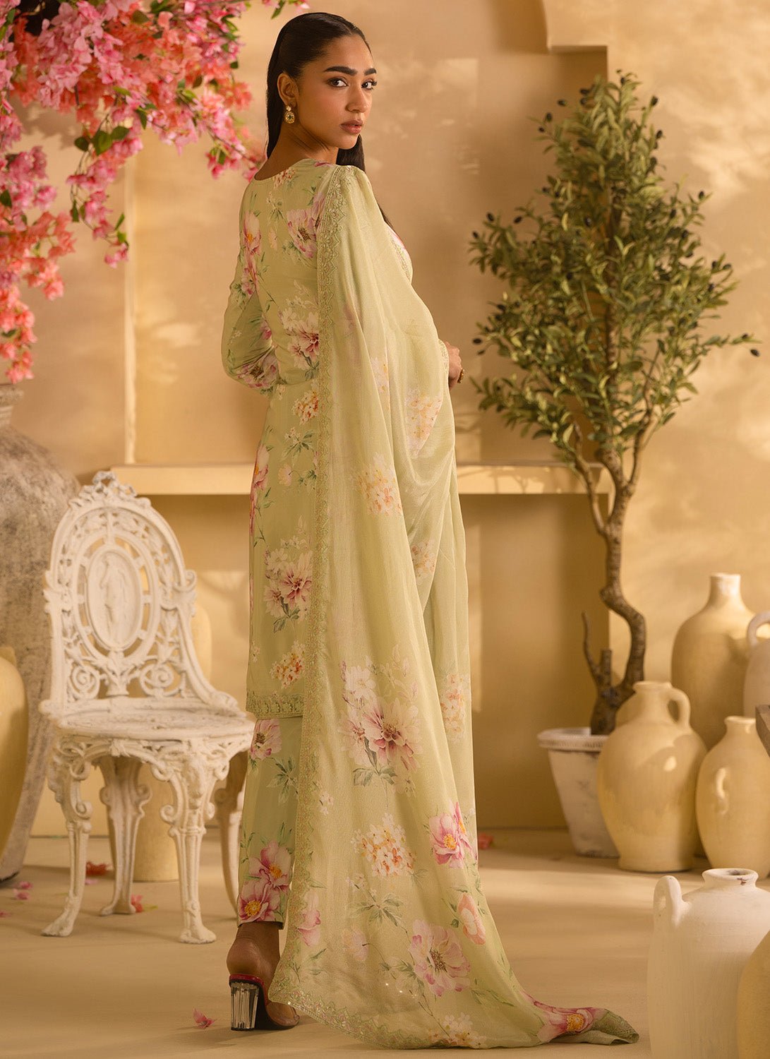 Dusty Green Floral Embroidered Crepe Silk Pant Suit - Lashkaraa