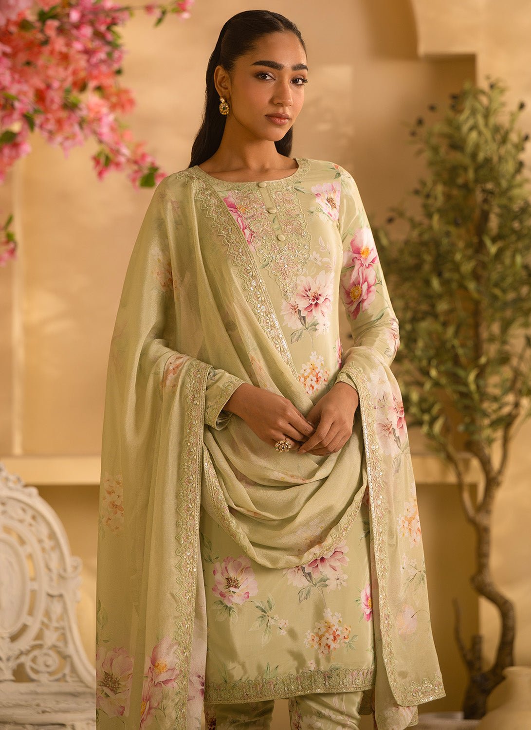 Dusty Green Floral Embroidered Crepe Silk Pant Suit - Lashkaraa