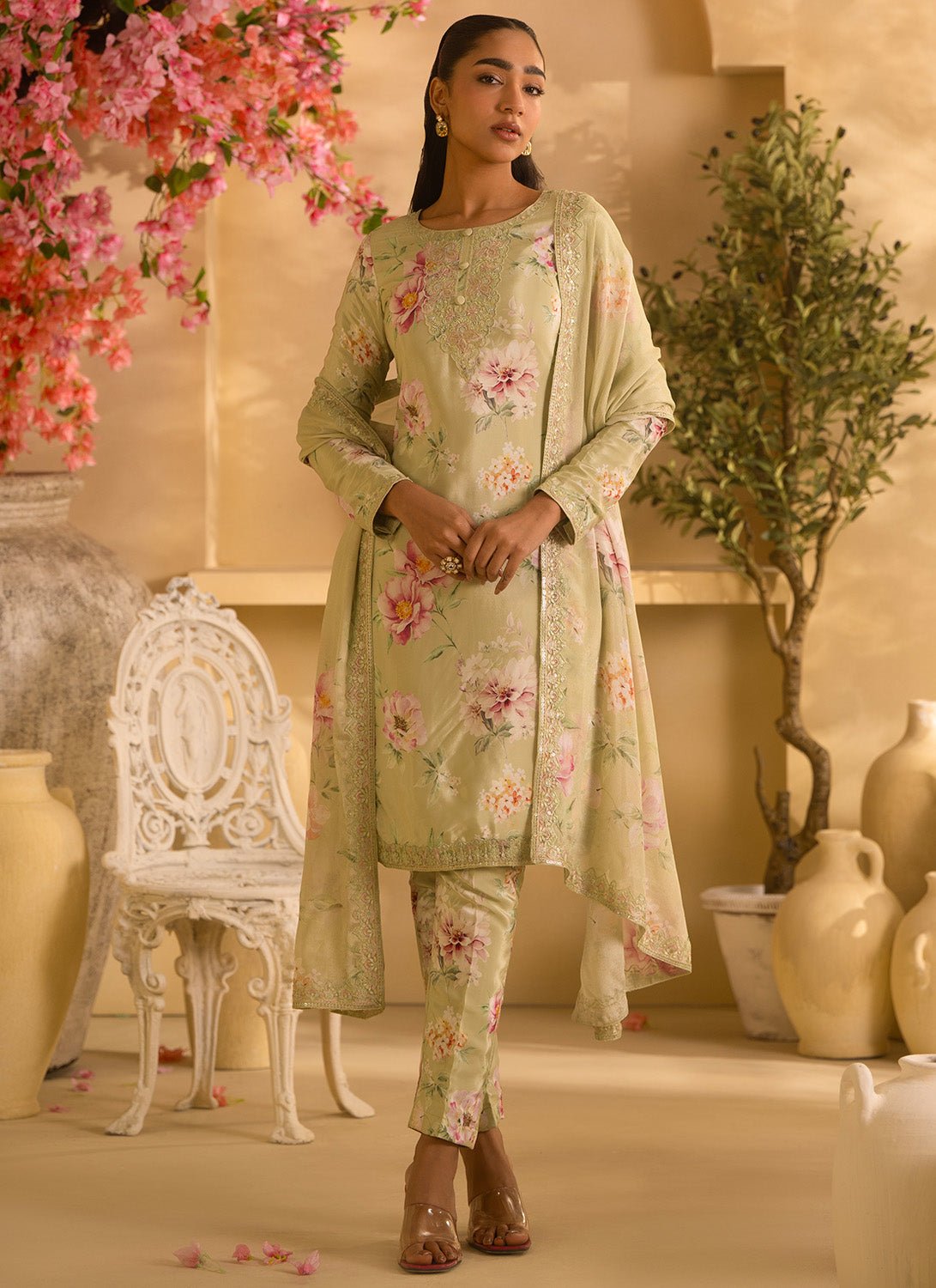Dusty Green Floral Embroidered Crepe Silk Pant Suit - Lashkaraa