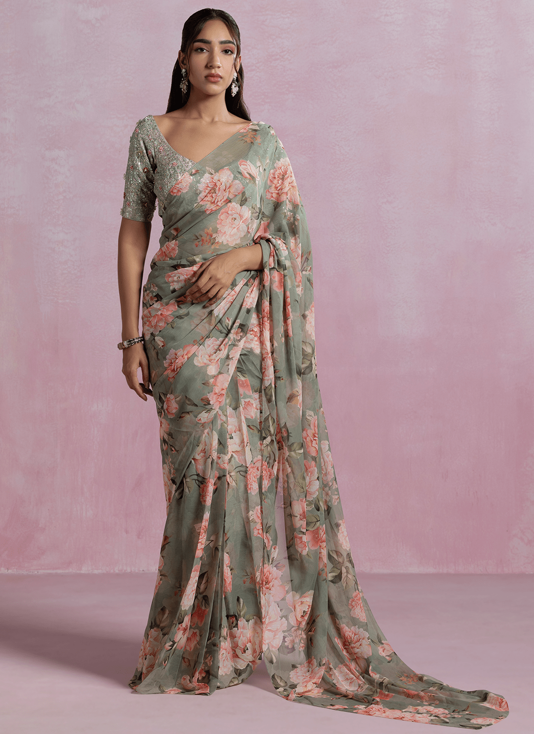Dusty Green Floral Printed Chiffon Saree - Lashkaraa