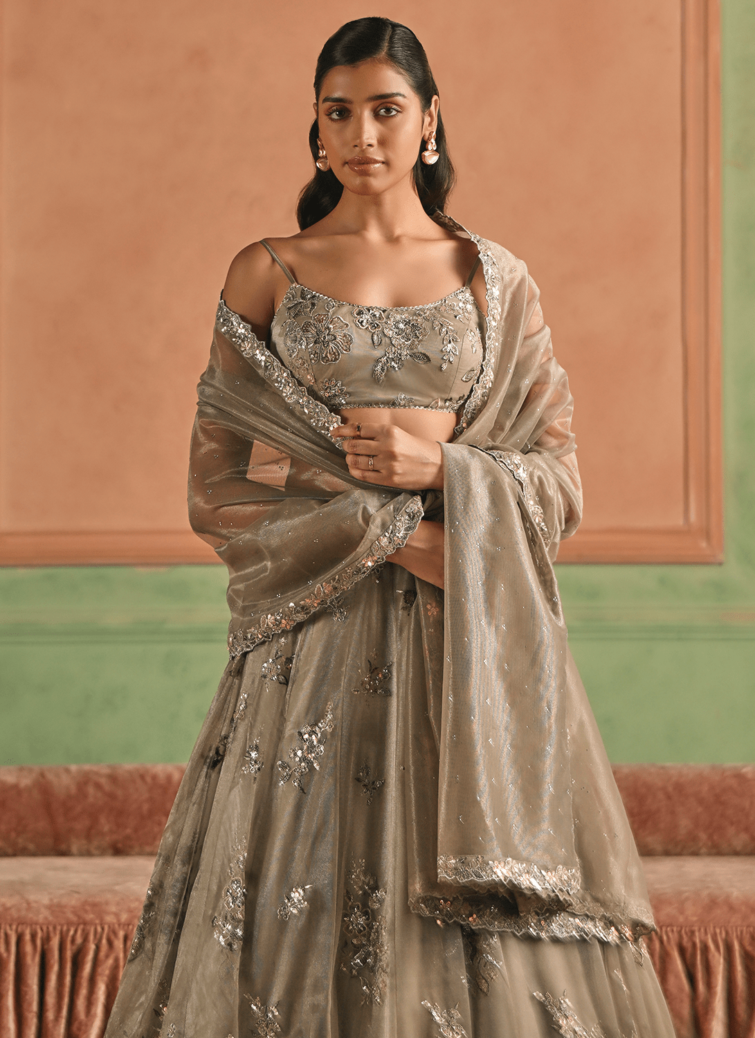 Dusty Grey Embroidered Net Lehenga - Lashkaraa