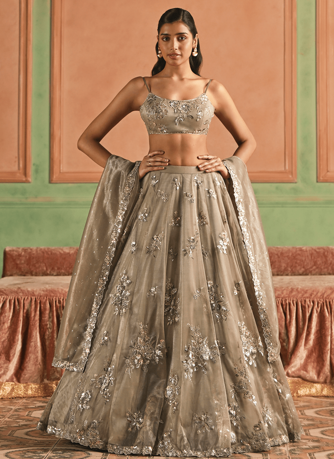 Dusty Grey Embroidered Net Lehenga - Lashkaraa
