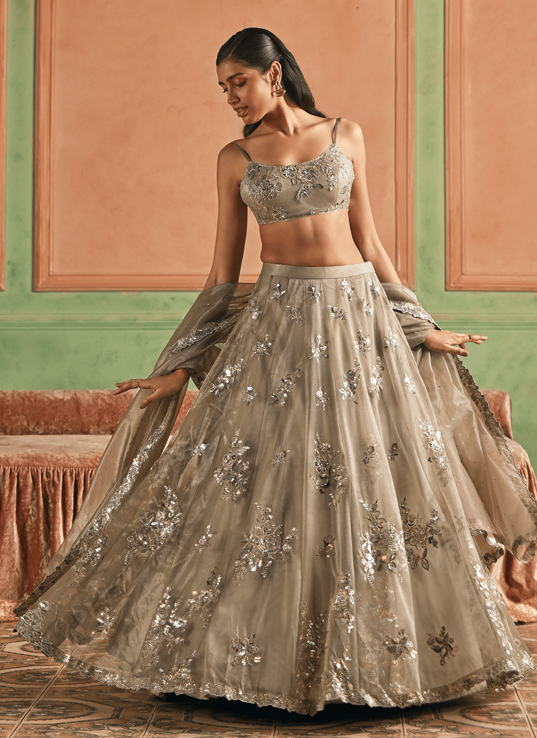 Dusty Grey Embroidered Net Lehenga - Lashkaraa