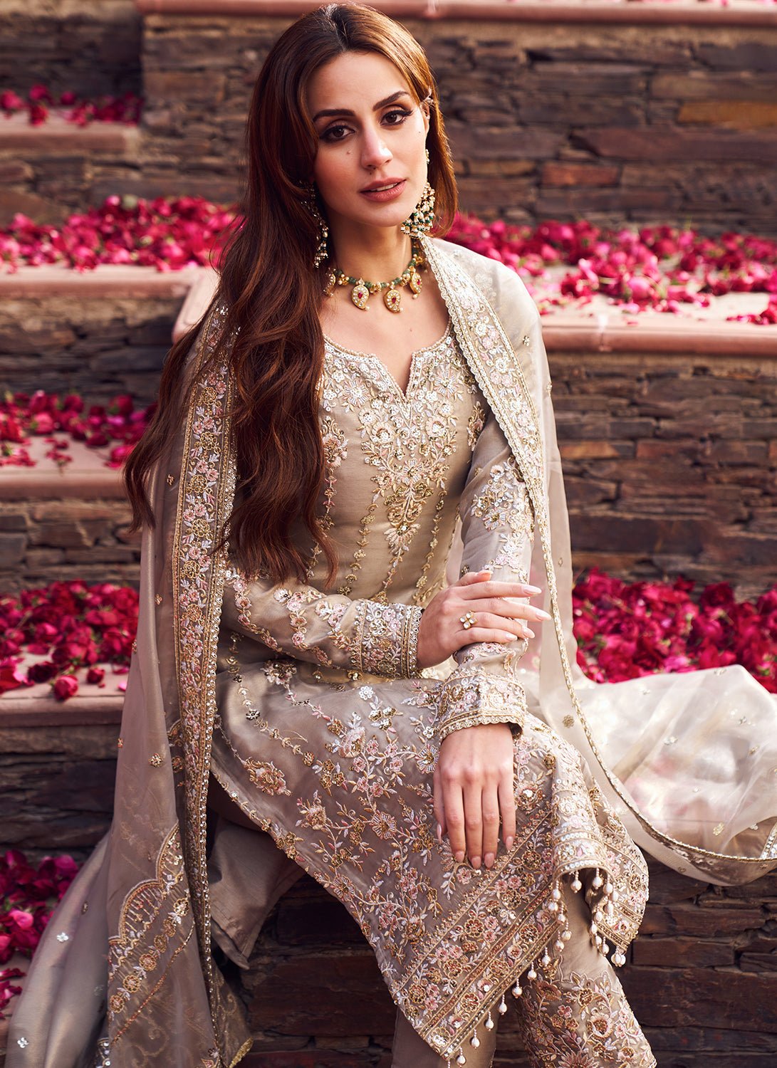 Dusty Grey Embroidered Straight Suit - Lashkaraa