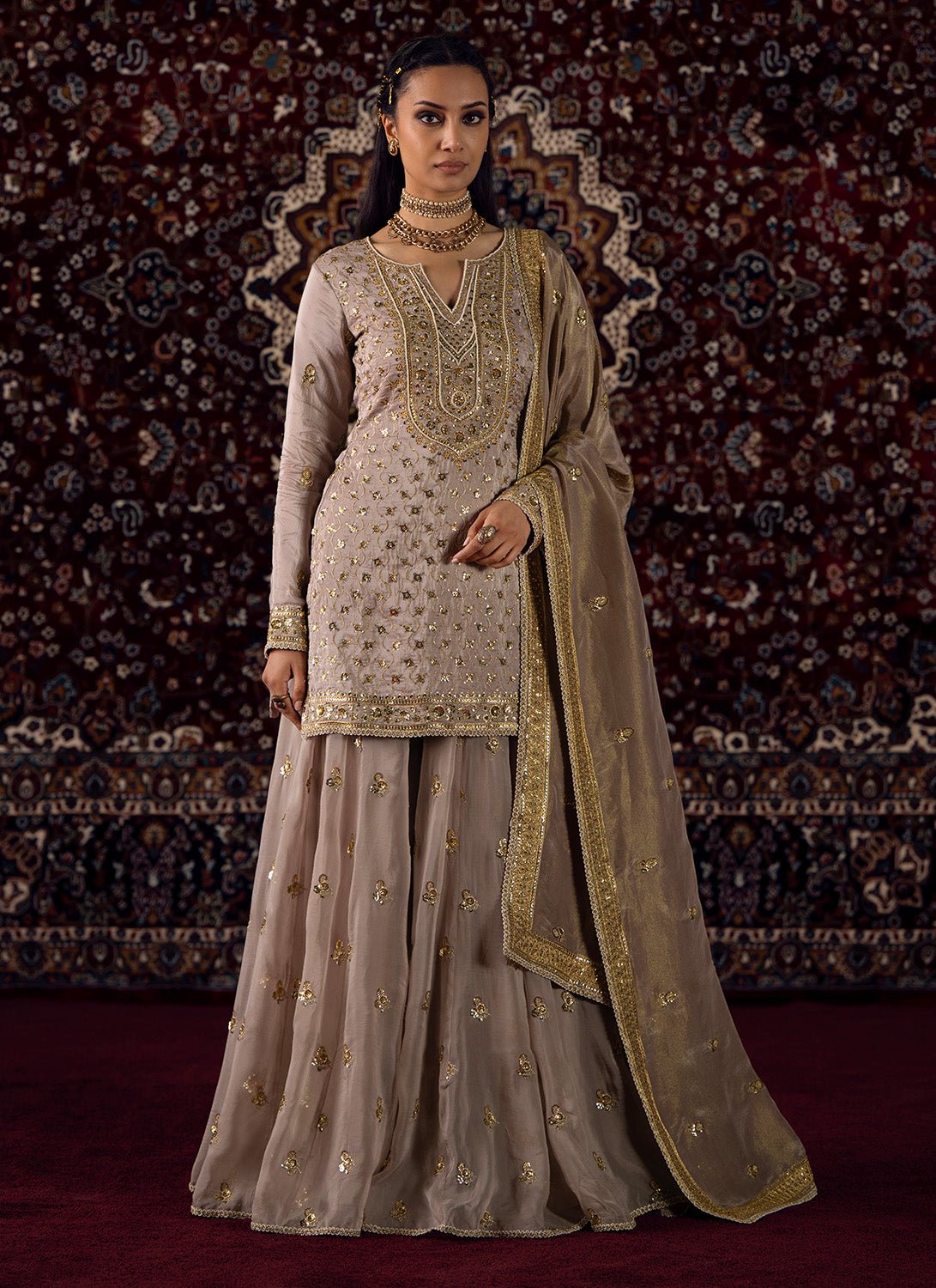 Dusty Lilac Embroidered Silk Sharara Suit - Lashkaraa