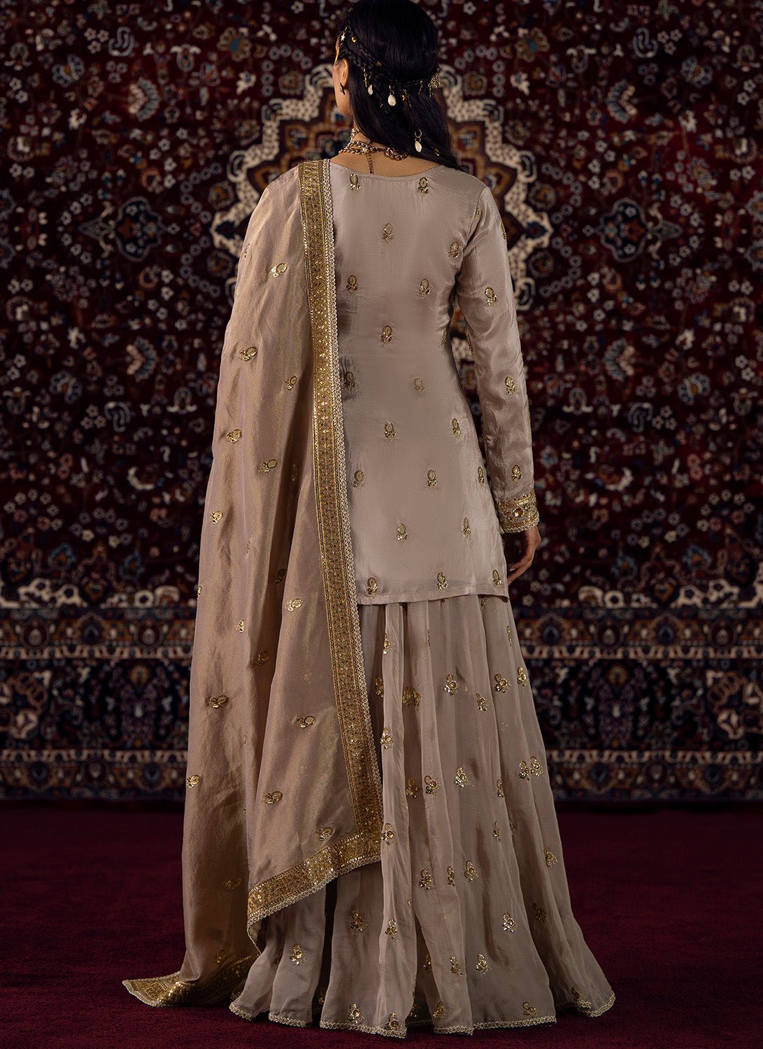 Dusty Lilac Embroidered Silk Sharara Suit - Lashkaraa