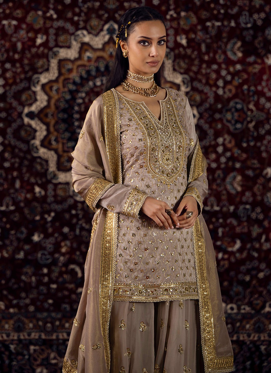 Dusty Lilac Embroidered Silk Sharara Suit - Lashkaraa