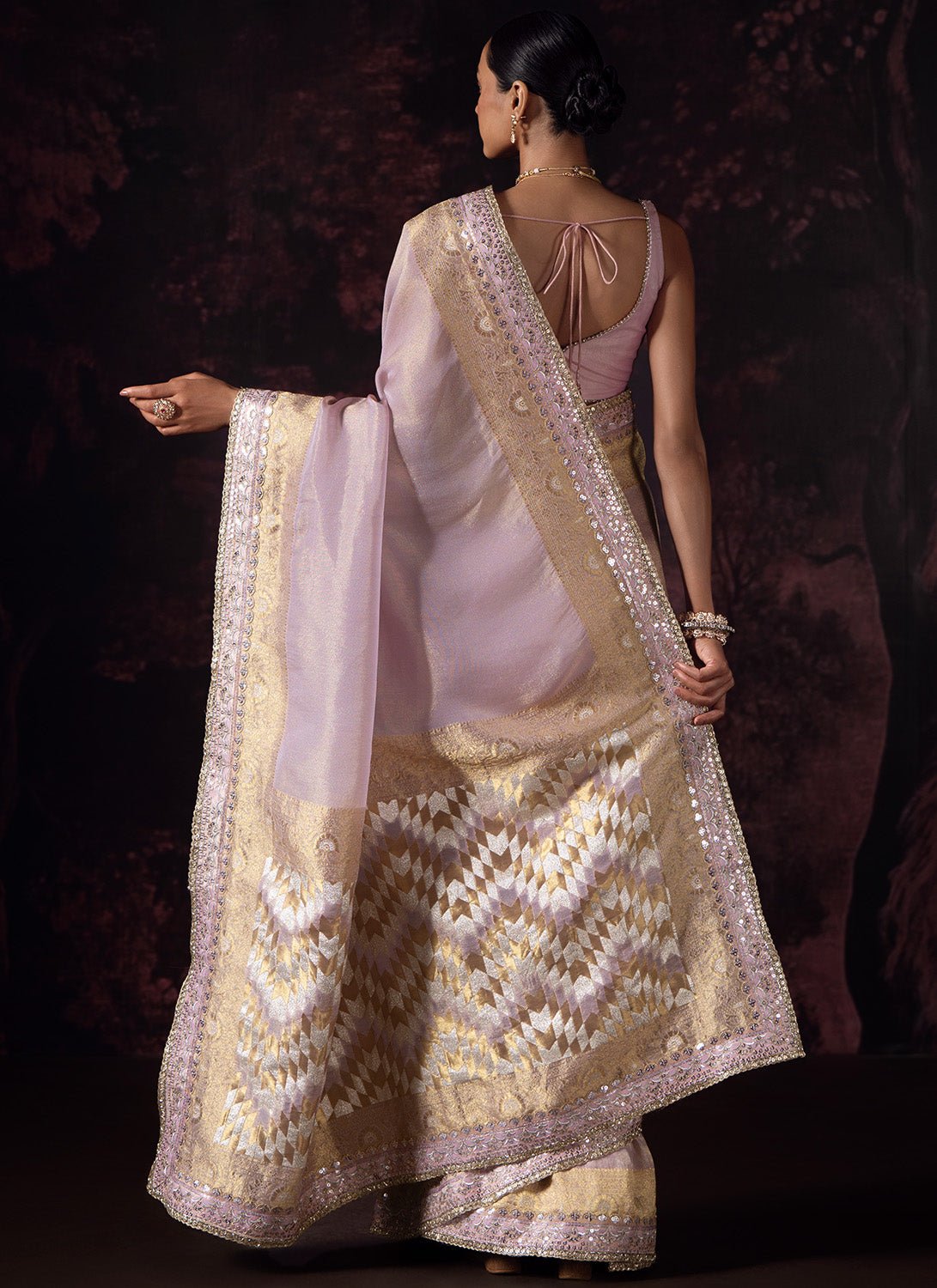 Dusty Lilac Embroidered Tissue Saree - Lashkaraa