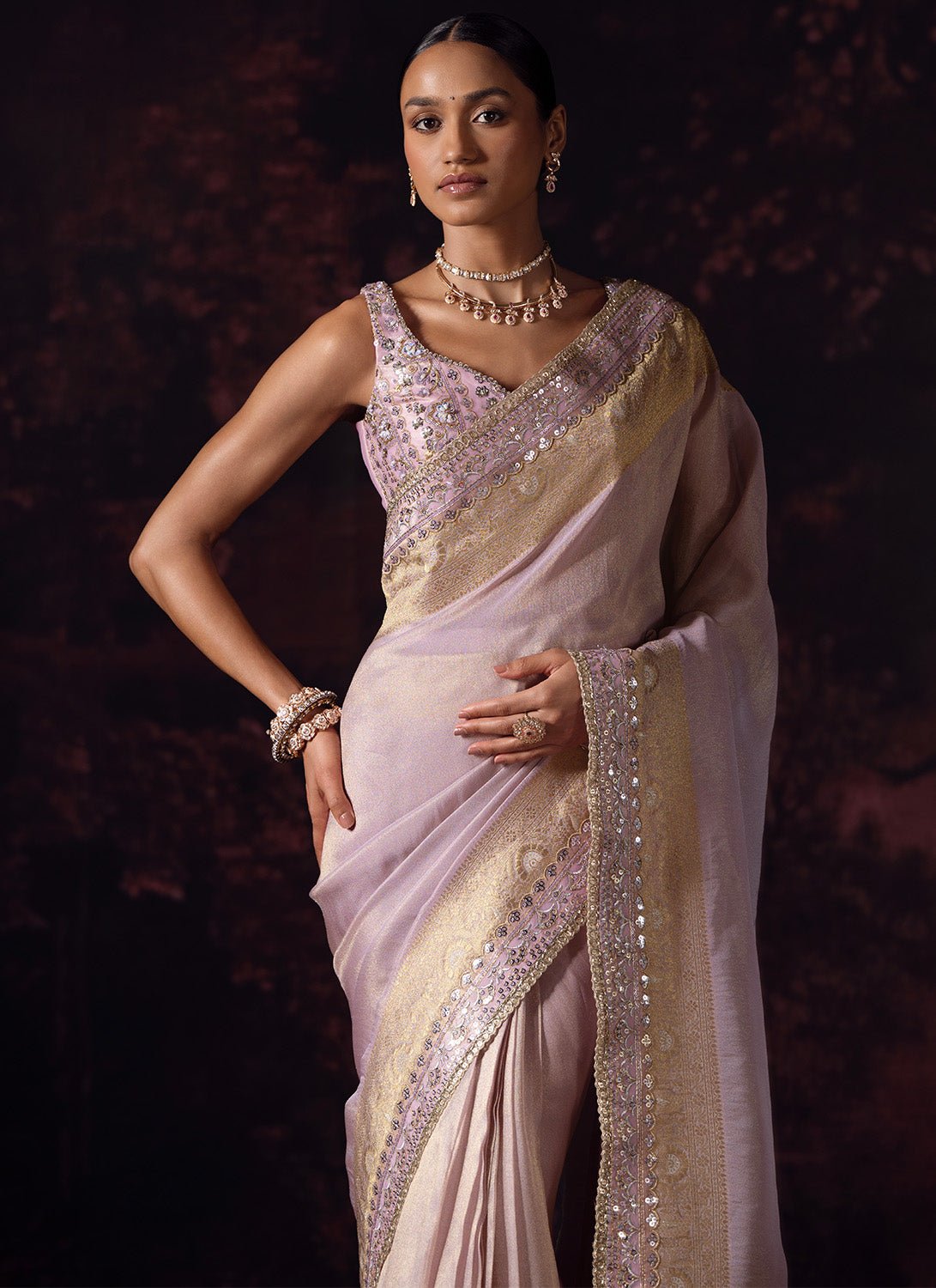 Dusty Lilac Embroidered Tissue Saree - Lashkaraa