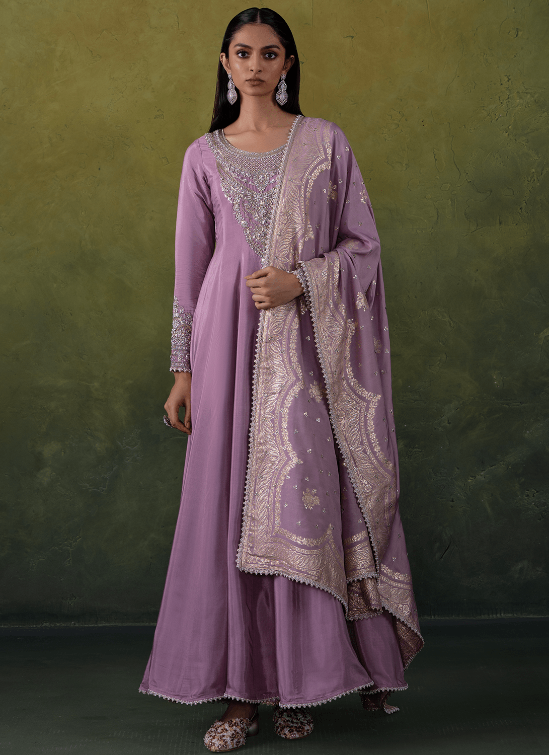 Dusty Lilac Embroidered Viscose Silk Anarkali - Lashkaraa