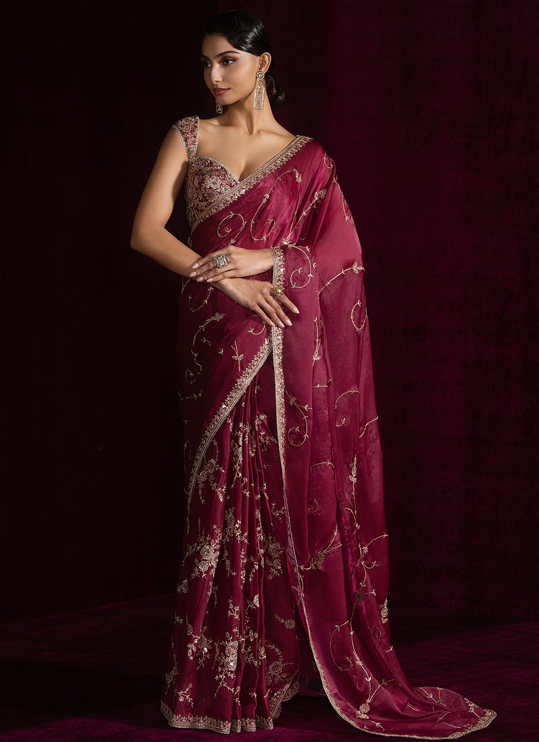 Dusty Magenta Embroidered Silk Saree - Lashkaraa