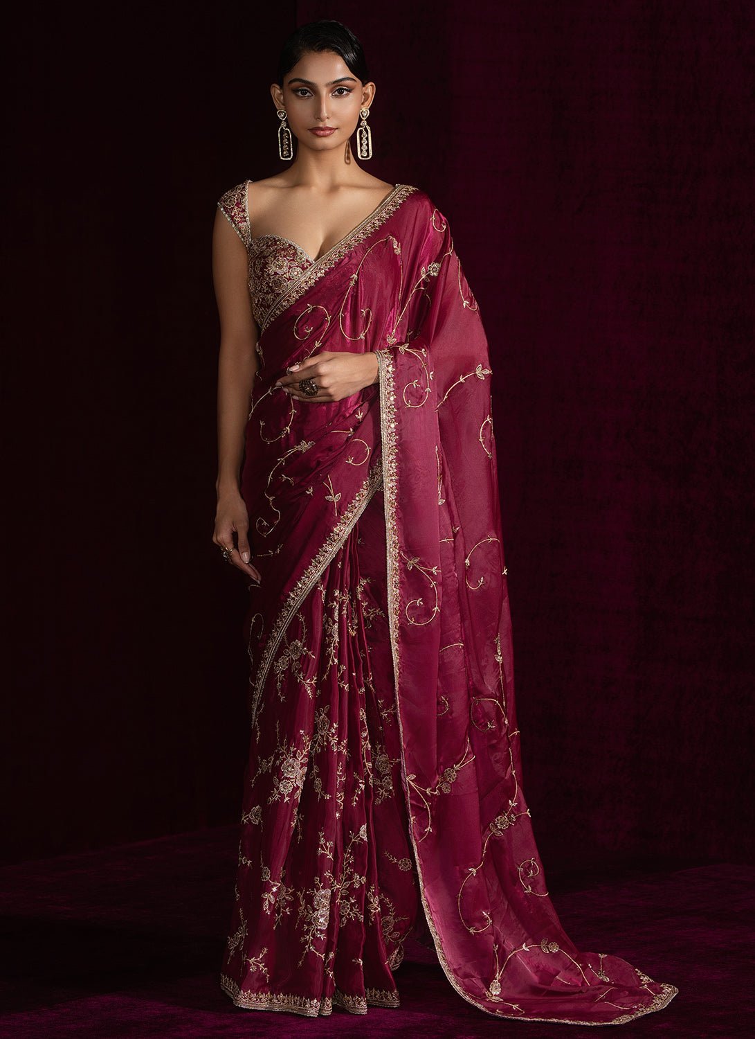 Dusty Magenta Embroidered Silk Saree - Lashkaraa