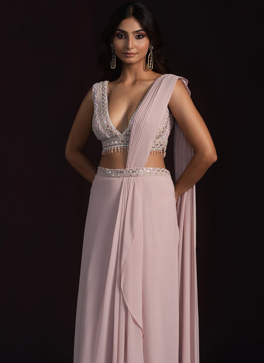 Dusty Mauve Embroidered Drape Style Saree - Lashkaraa