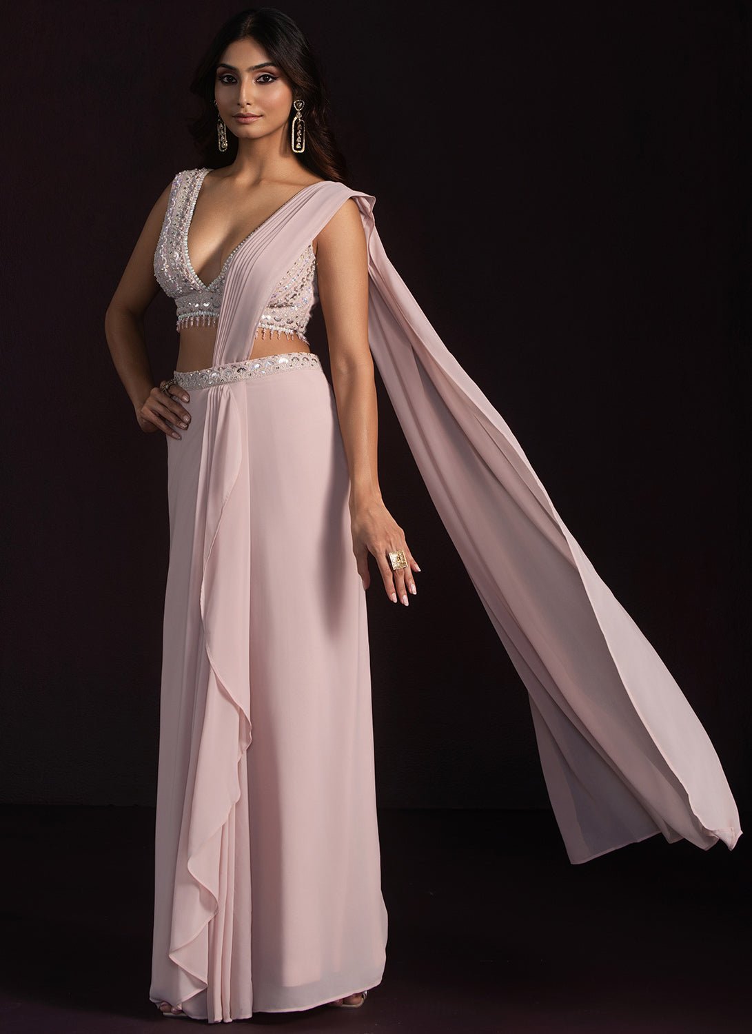 Dusty Mauve Embroidered Drape Style Saree - Lashkaraa