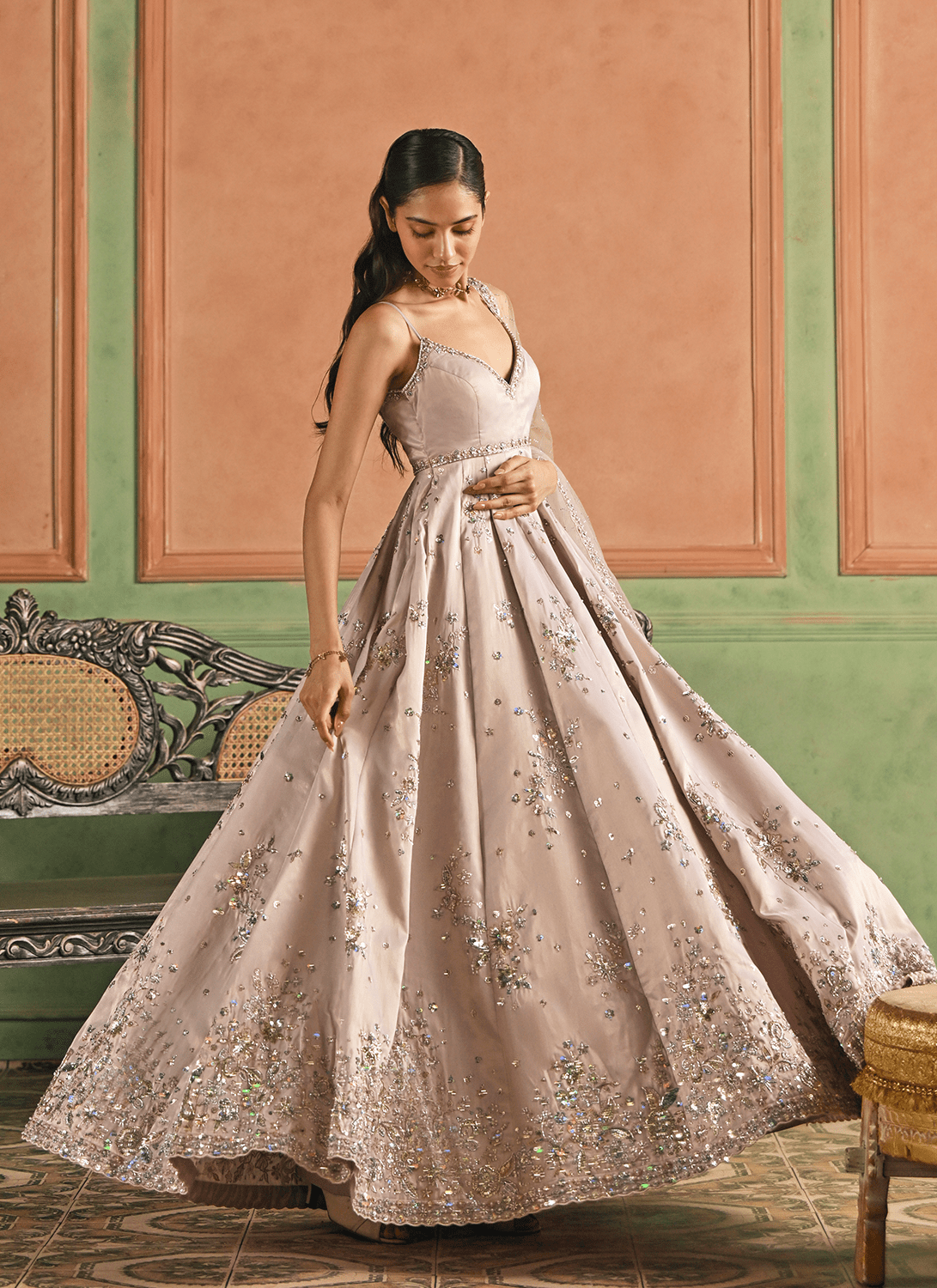 Dusty Mauve Embroidered Tissue Anarkali - Lashkaraa