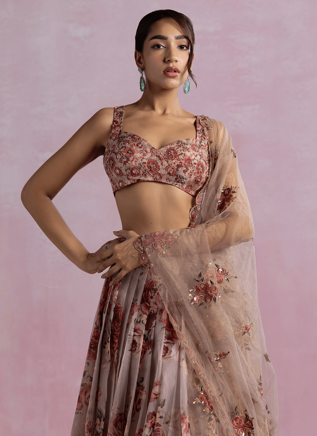 Dusty Mauve Floral Printed Organza Lehenga - Lashkaraa