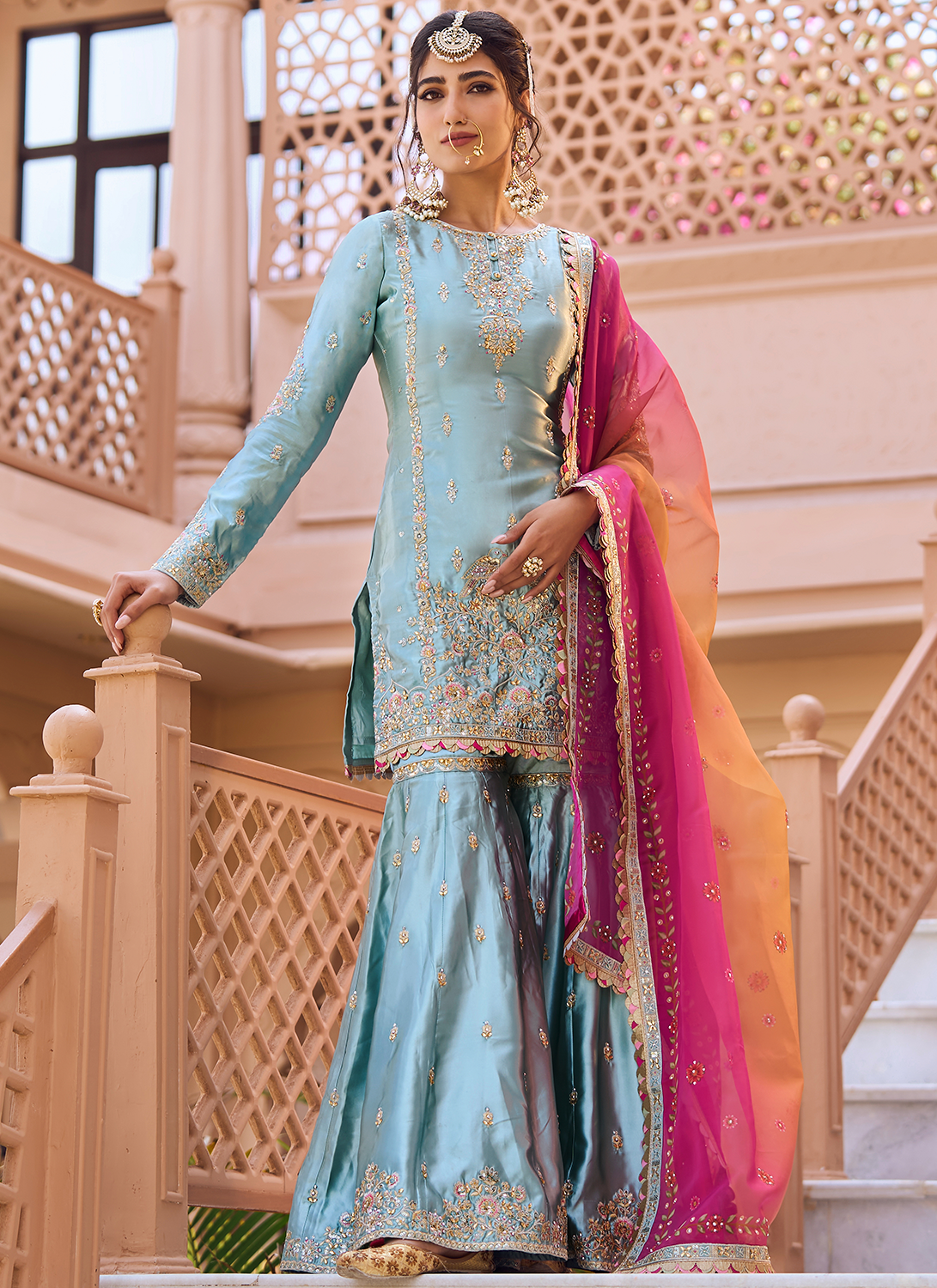 Dusty Mint Embroidered Gharara Suit - Lashkaraa