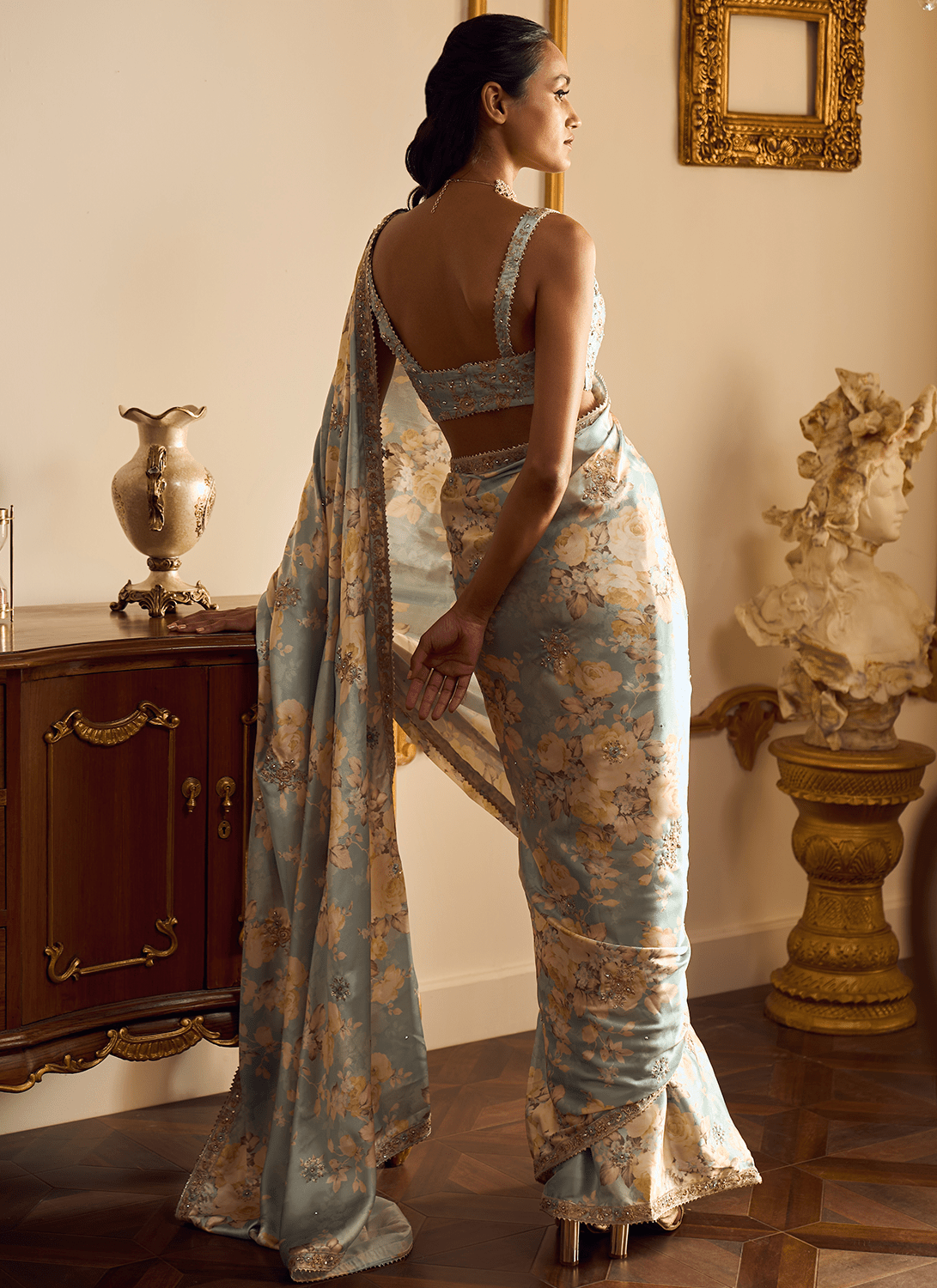 Dusty Mint Floral Printed Saree - Lashkaraa