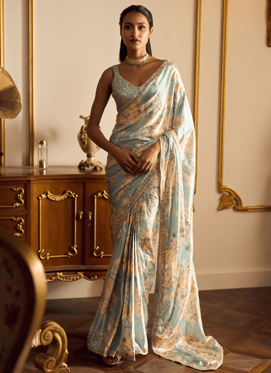 Dusty Mint Floral Printed Saree - Lashkaraa