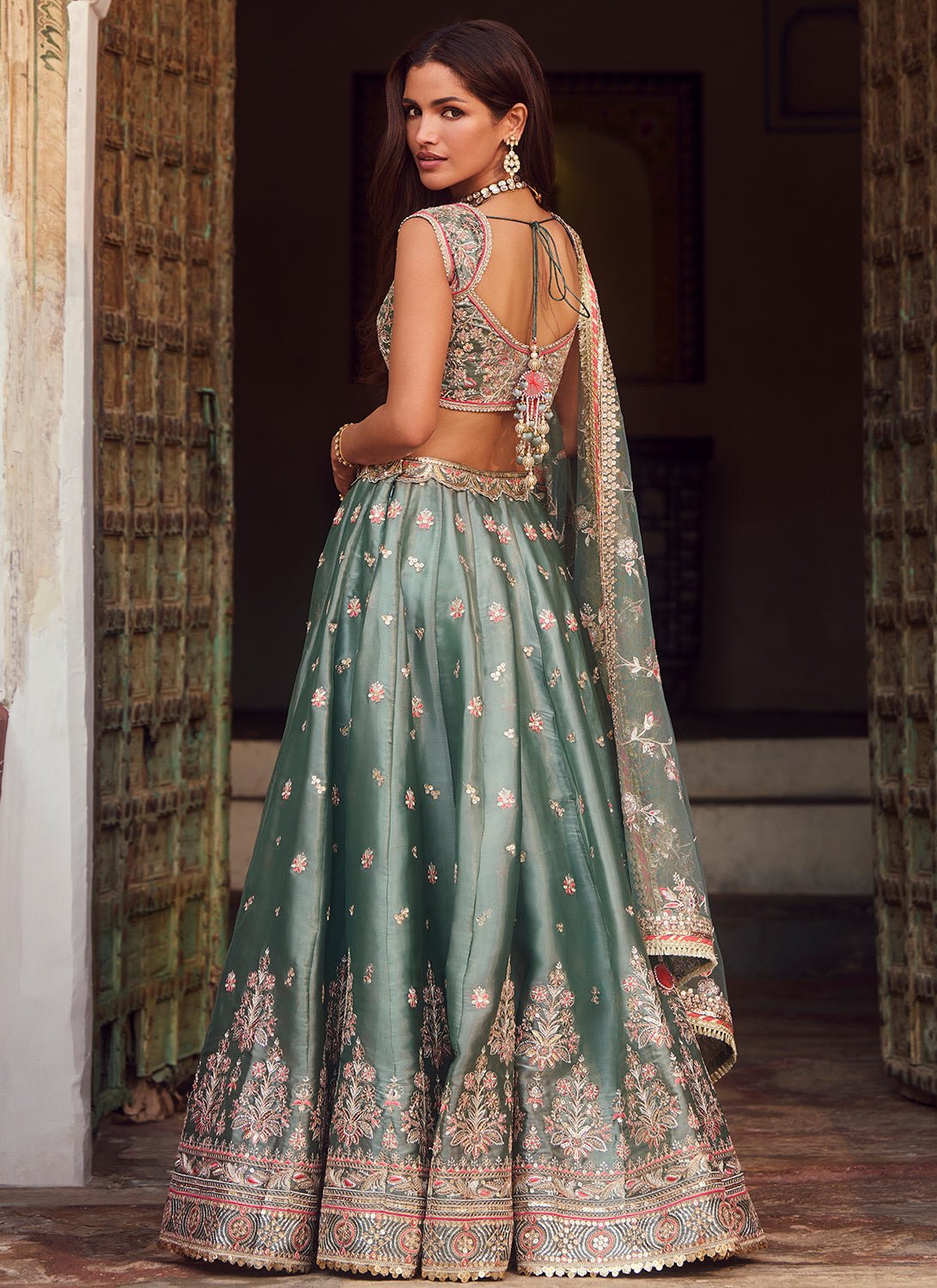 Dusty Mint Green Embroidered Organza Lehenga - Lashkaraa