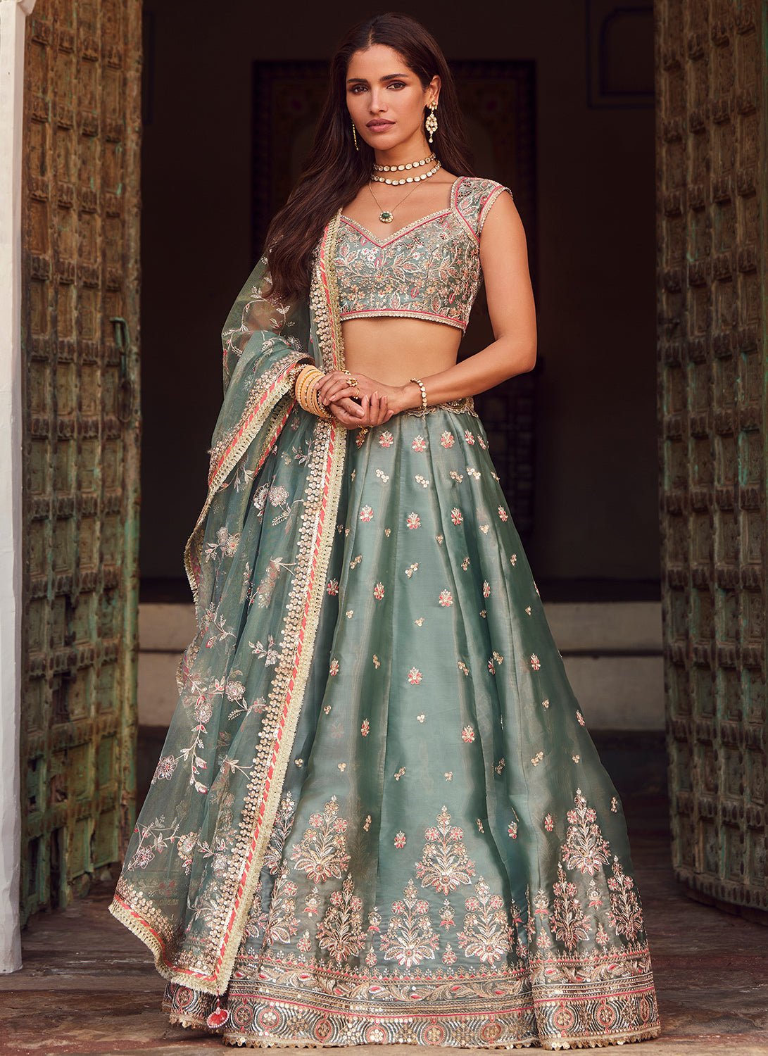 Dusty Mint Green Embroidered Organza Lehenga - Lashkaraa