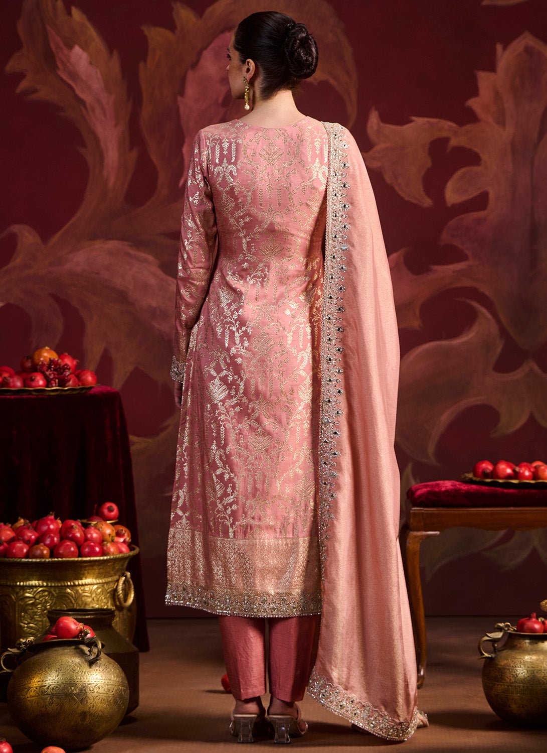 Dusty Peach Embroidered Brocade Pant Suit - Lashkaraa